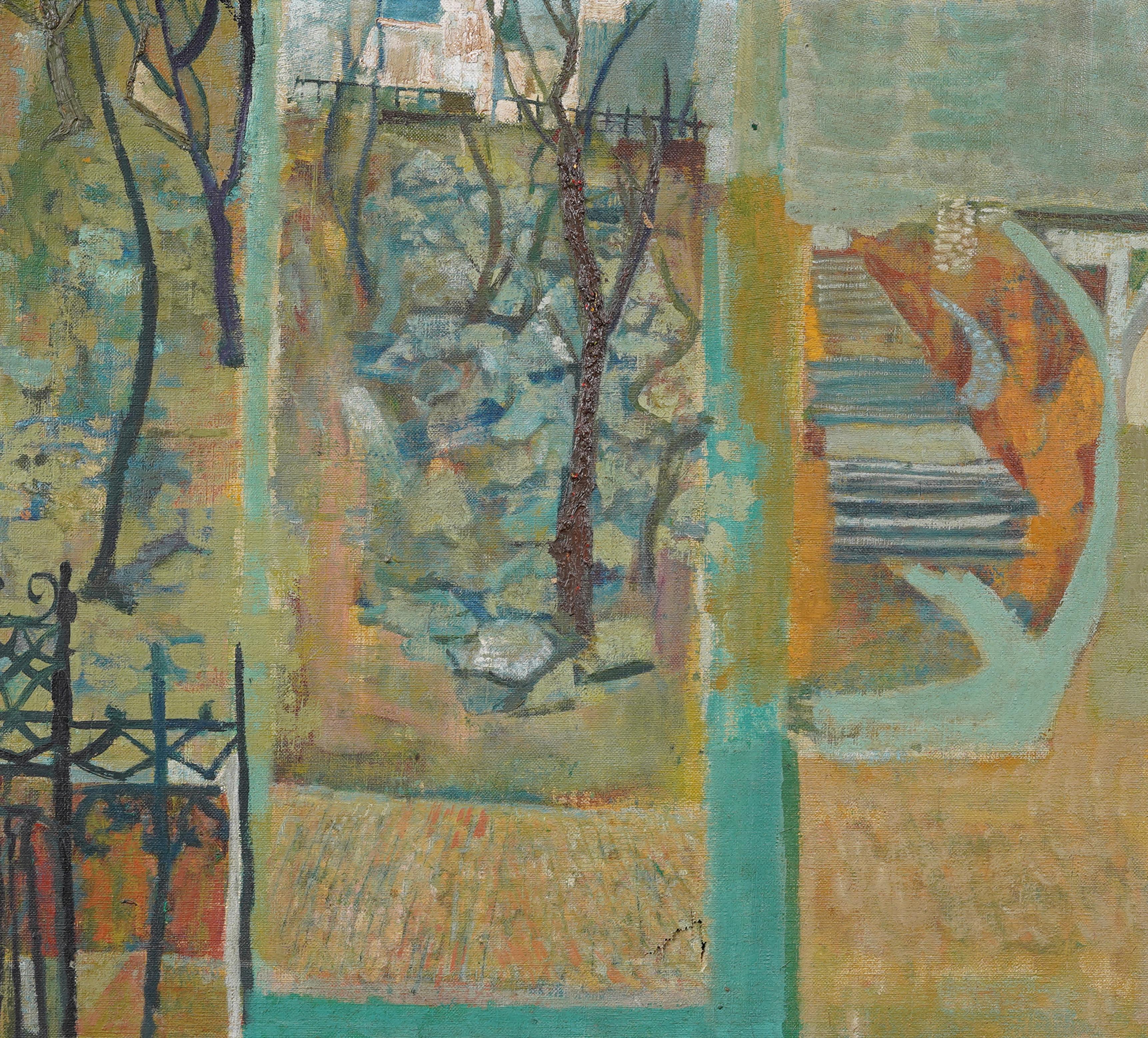 Ancienne peinture à l'huile américaine moderniste abstraite encadrée, signée - Gris Landscape Painting par Anthony Toney