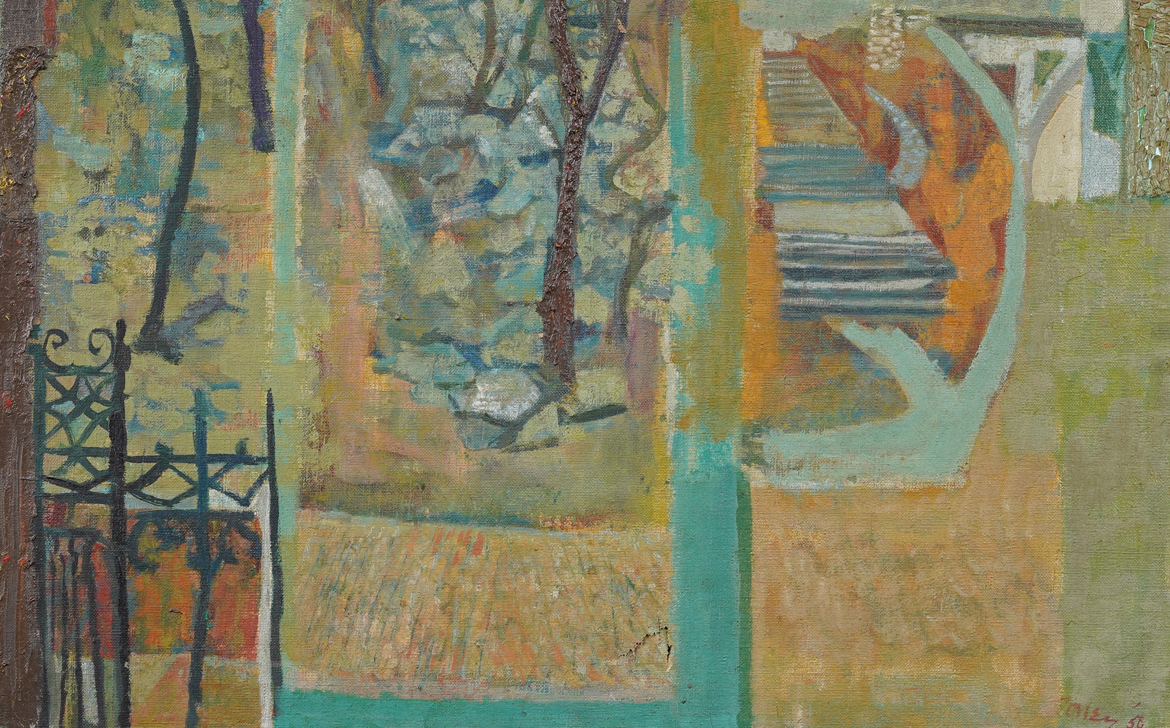 Paysage moderniste américain finement peint par Anthony Toney (1913 - 2004).  Huile sur planche.  Signé.  Présenté dans un superbe cadre moderniste d'époque.  
