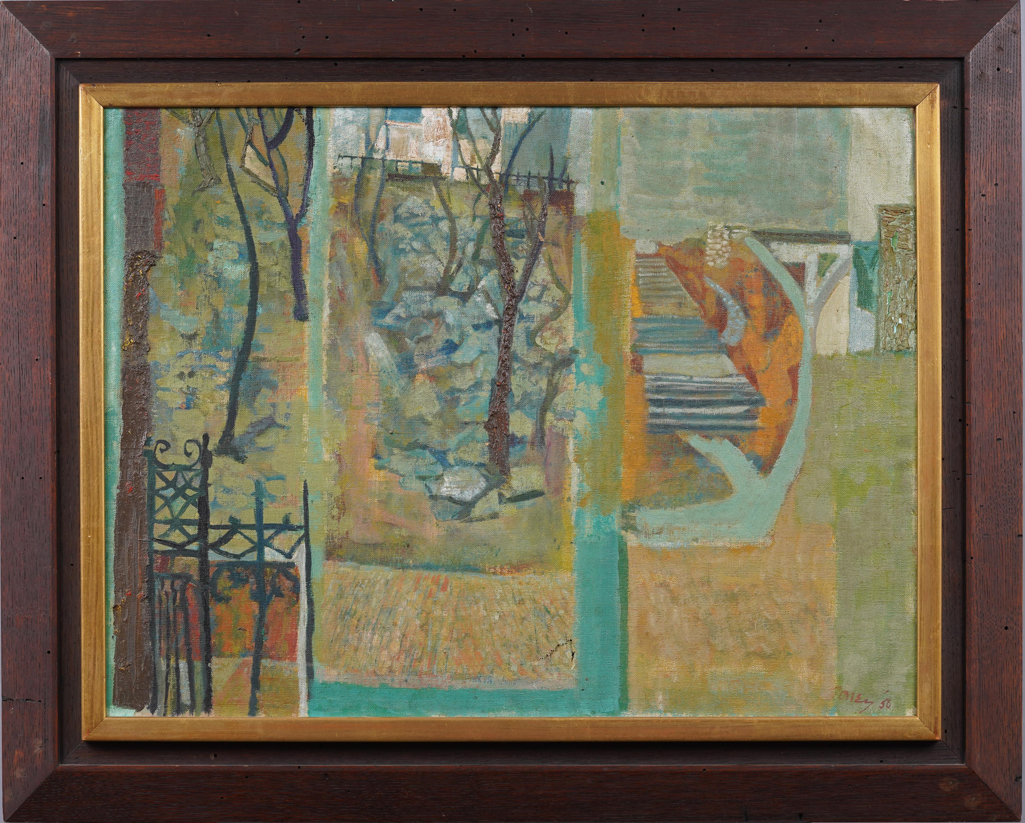 Antique American Modernist Abstract Landscape Framed Vintage Signed Oil Painting