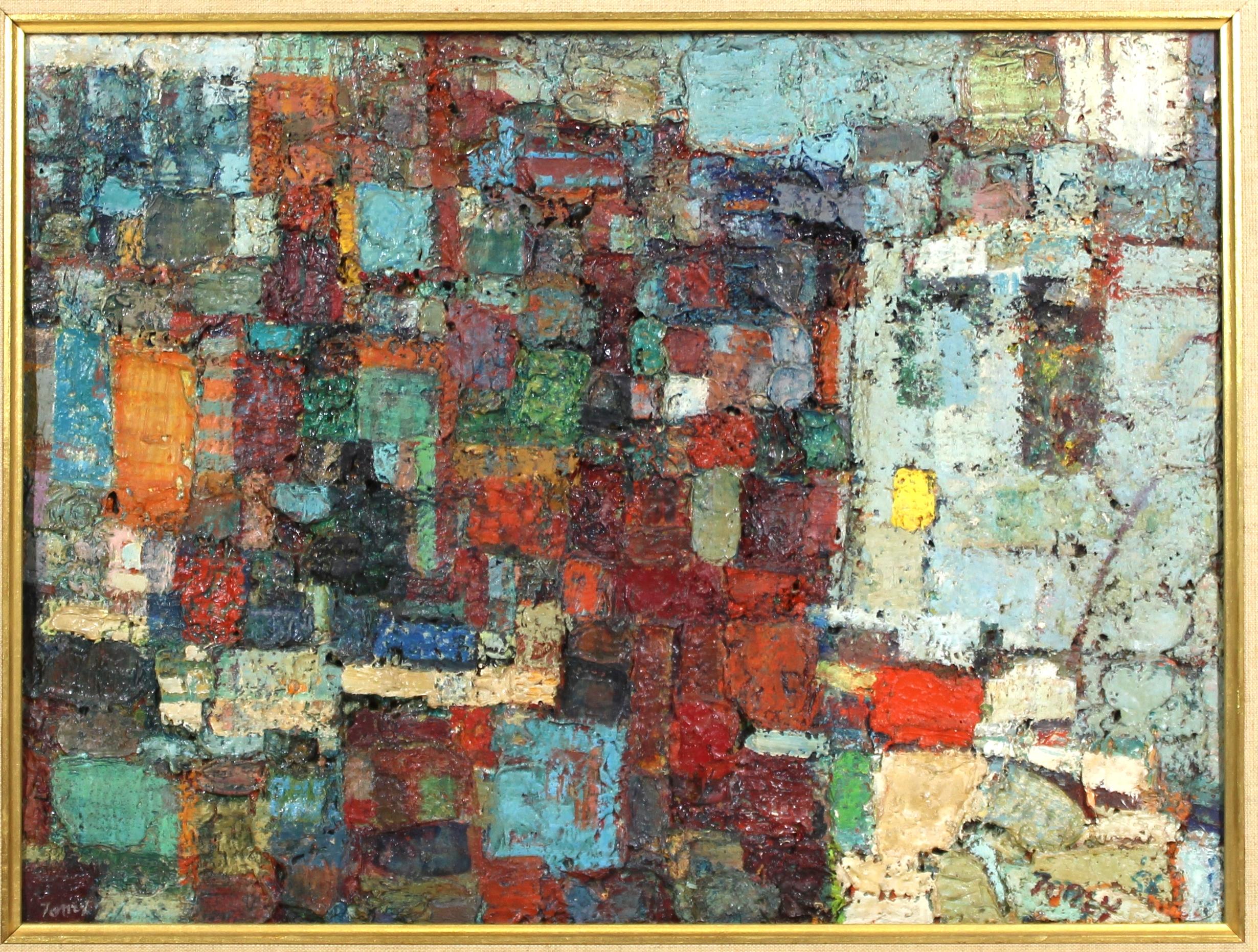 American abstract impressionist colorful oil on board painting titled 'City', created by Anthony Toney (American, 1913-2004) during the 1960s. The piece uses the impasto technique with thick paint layers and is signed twice, in lower left and right