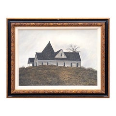 Peinture naturaliste rurale en noir et blanc d'une ferme sur une colline.