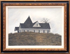 Peinture naturaliste rurale en noir et blanc d'une ferme sur une colline.