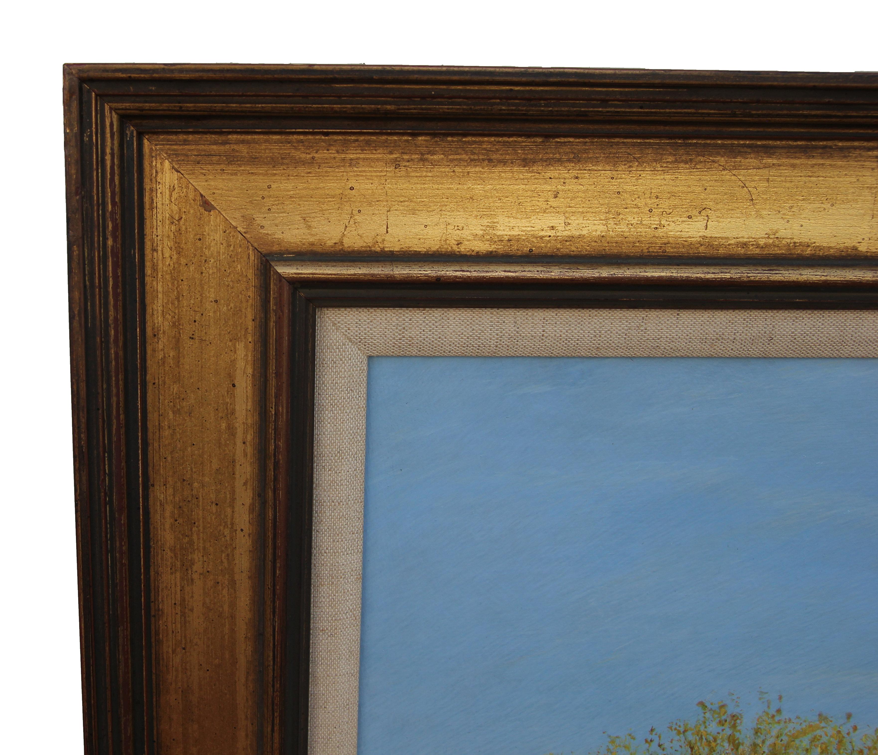 Naturalistic landscape painting of Texas. The painting is done in Anthony V. Martin's medium of choice, egg tempera. The work is signed by the artist in the bottom corner. It is framed in a gold frame.
Dimensions without Frame: H 33 in x W 23.5 in.
