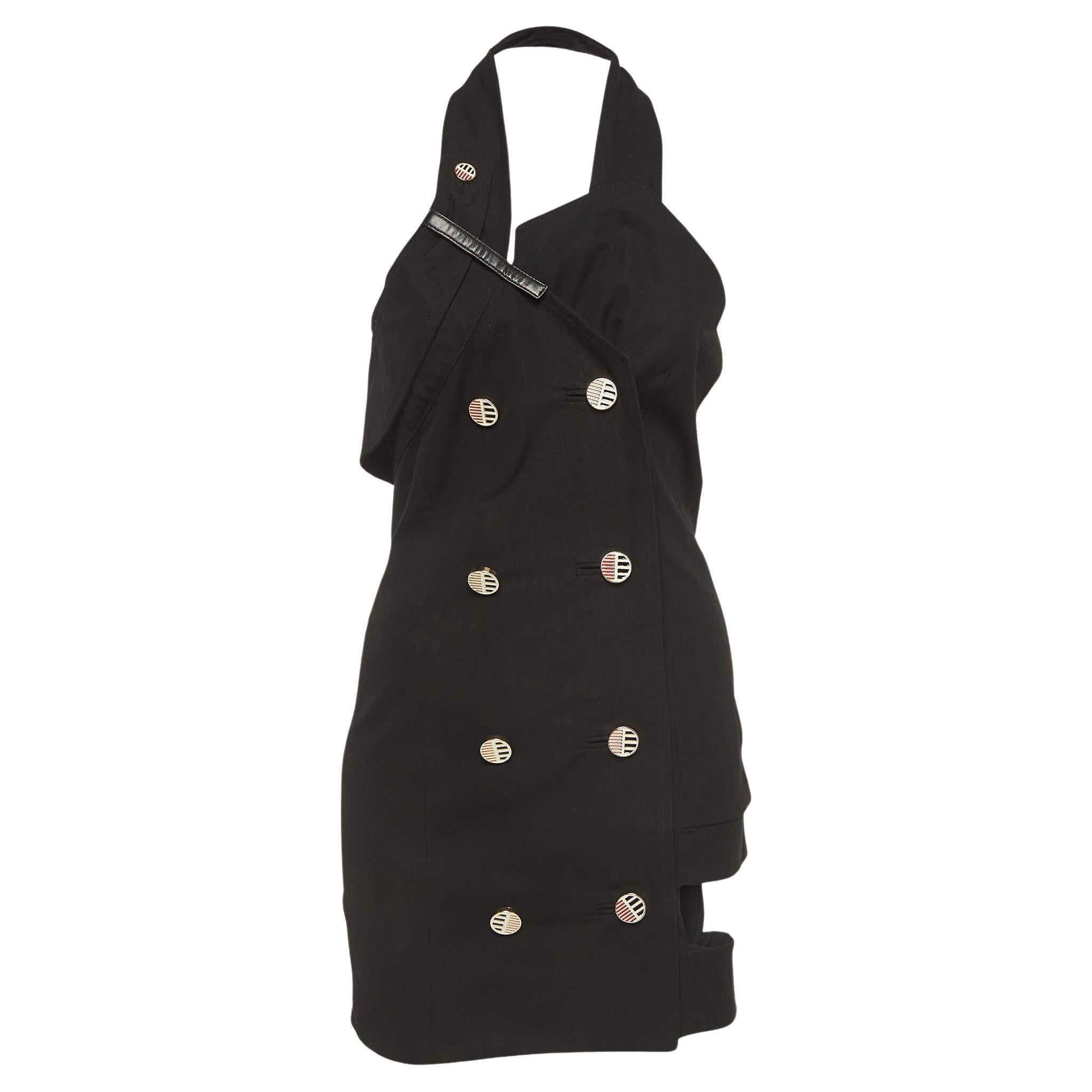 Anthony Vaccarello Black Cotton Halter Neck Button Detail Mini Dress S For Sale
