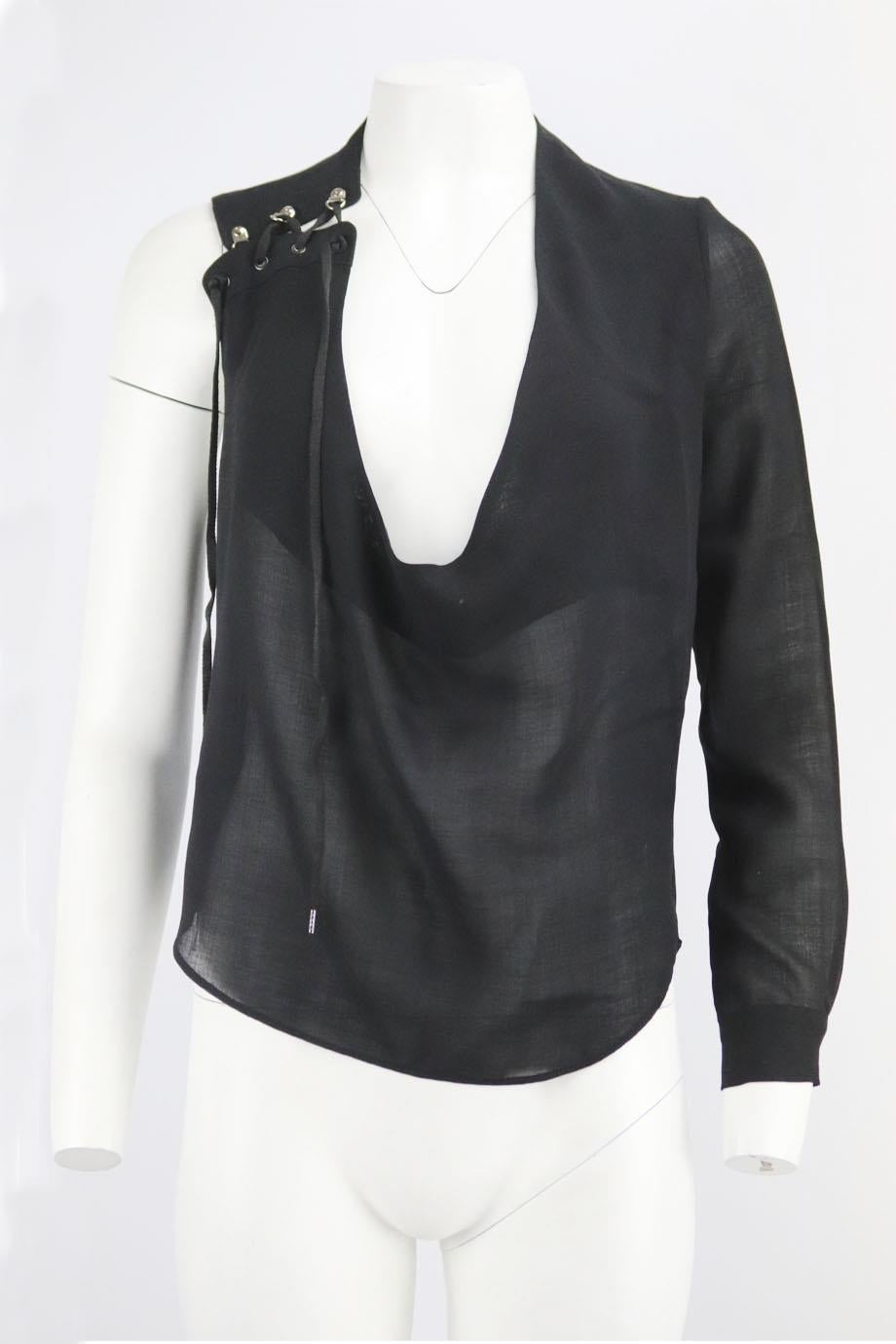 Anthony Vaccarello lace up wool blend top. Black. Long sleeve, scoop neck. Slips on. 80% Wool, 20% polyester; fabric2: 100% leather; trim: 100% zamac. Size: FR 36 (UK 8, US 4, IT 40). Bust: 35 in. Waist: 33 in. Hips: 36 in. Length: 24 in
