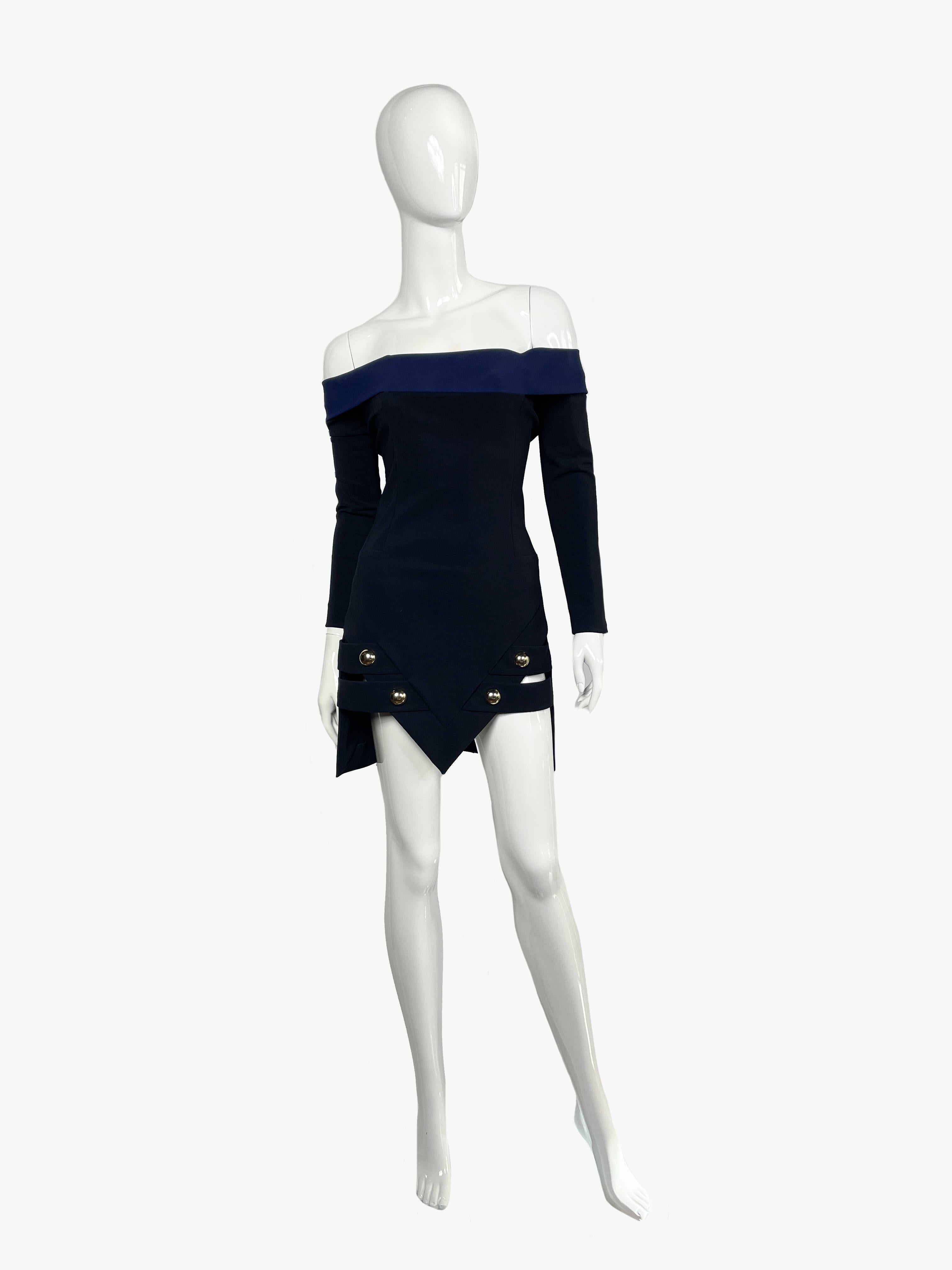 Anthony Vaccarello runway off-the-shoulder mini dress with assimetric hem.
Season: Spring-Summer, 2014 
Colors: black, blue. 
Size – XS 
Length: 71cm
Composition: 72% polyamid, 28% elasthane
Condition: excellent. 
........Additional information