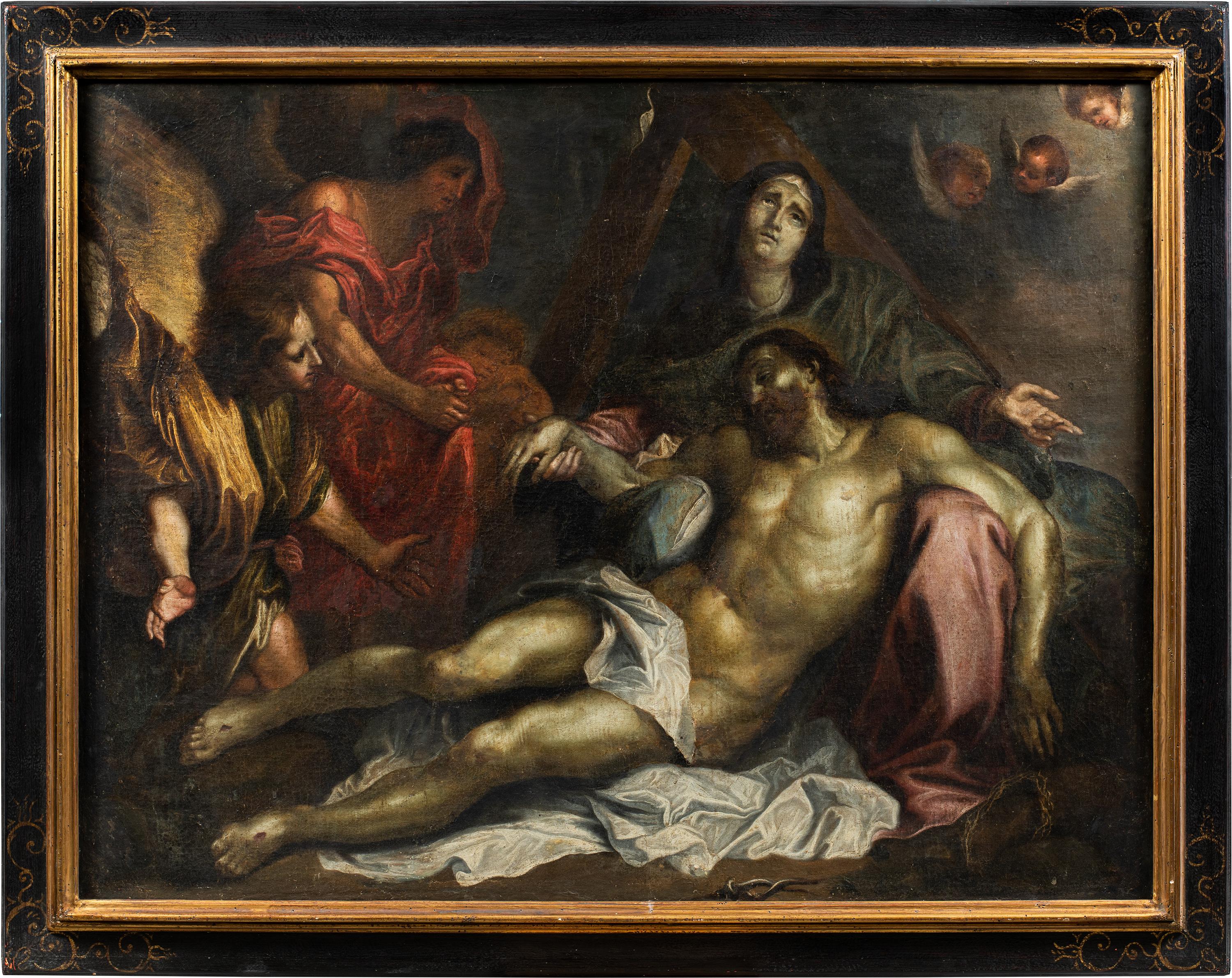 Follower of Sir Anthony Van Dyck (17th century) - The Deposition.

100 x 130 cm without frame, 117 x 147 cm with frame.

Antique oil painting on canvas, in a lacquered and gilded wooden frame (some chipping).

- The work takes inspiration from the