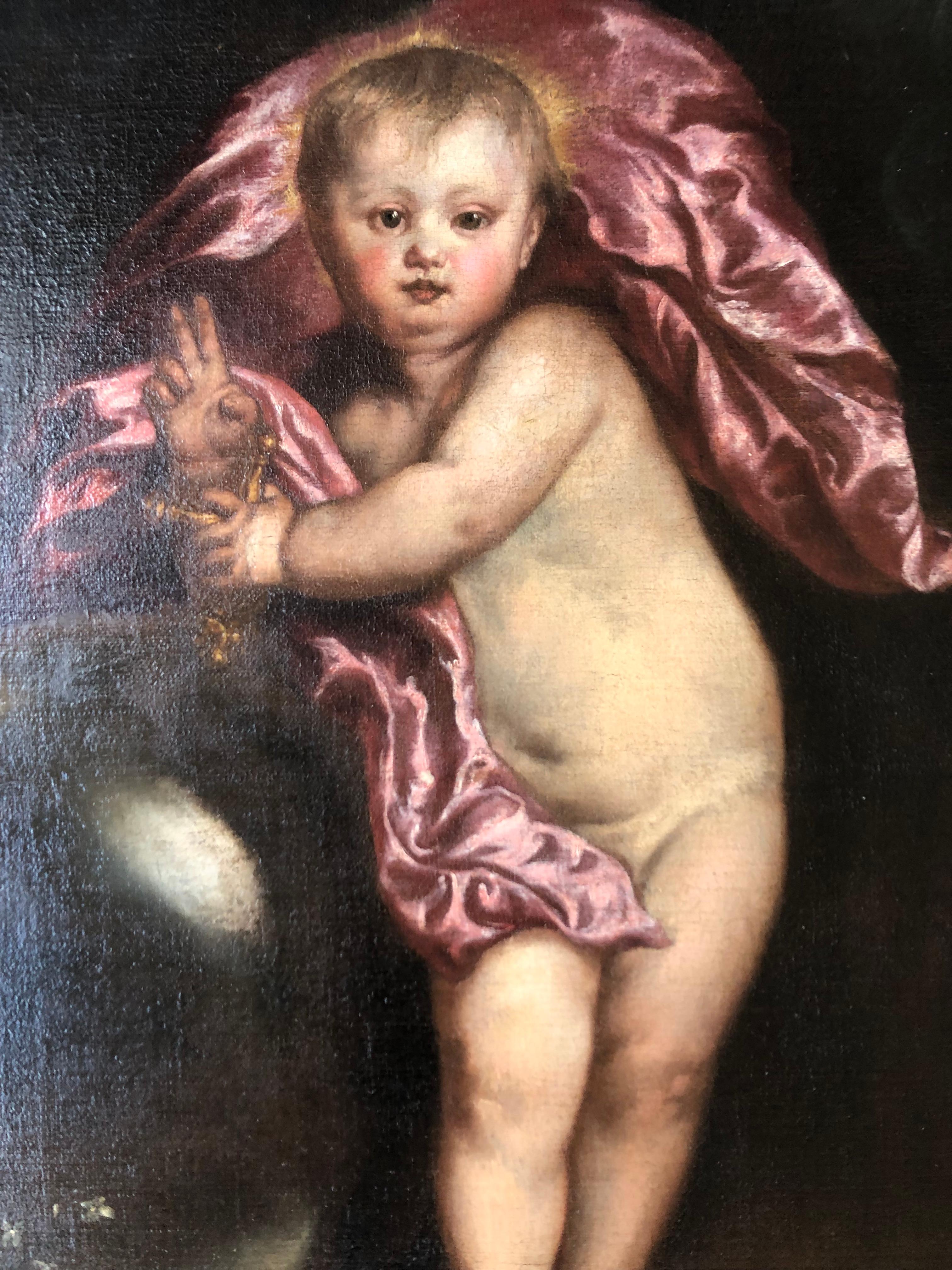 Cristo como Salvator Mundi, Círculo Van Dyck, Viejo Maestro Flamenco, Niño Jesús - Figurative Painting Negro de Anthony Van Dyck