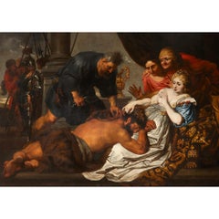 Large Antique Oil Painting of Samson and Delilah after Anthony van Dyck