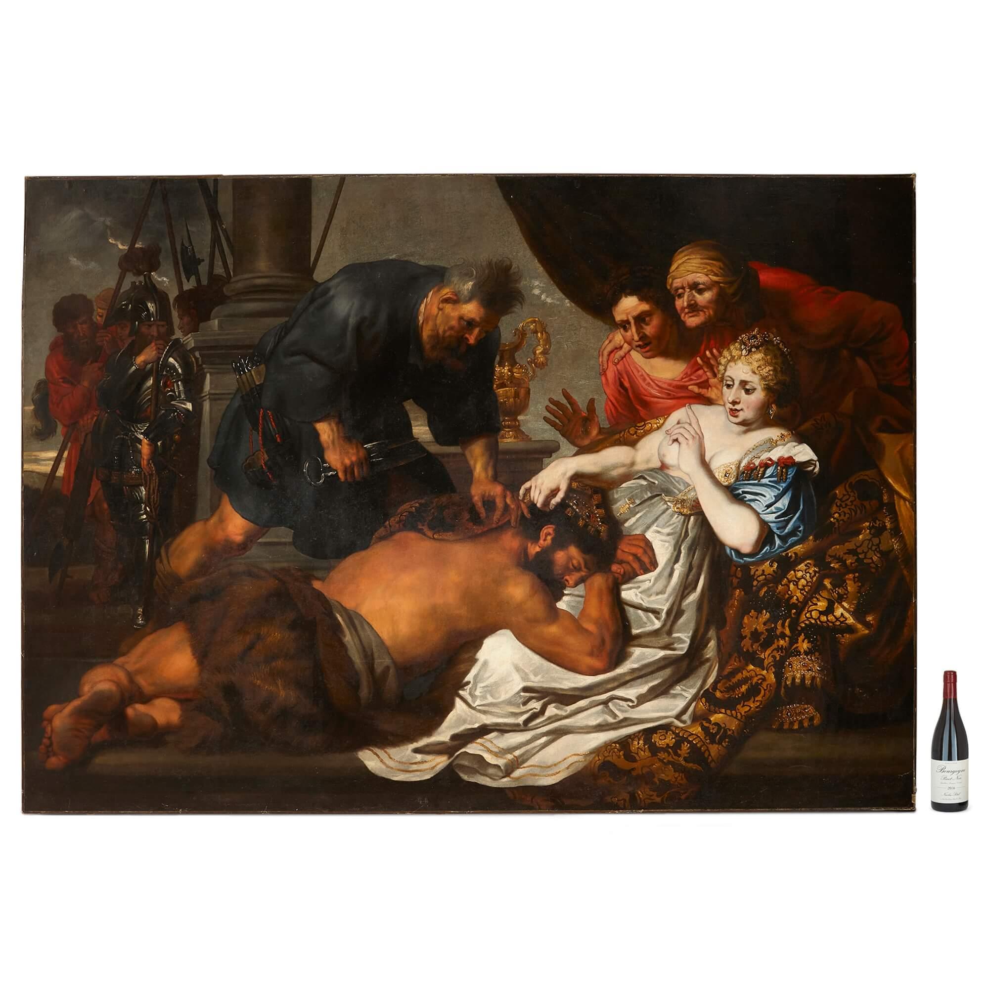 Large antique oil painting of Samson and Delilah after Anthony van Dyck   
Dutch, 17th Century  
Height 165cm, width 233cm 

This very large artwork is modeled after Anthony van Dyck’s (1599-1641) oil painting of Samson and Delilah dated to c. 1620.