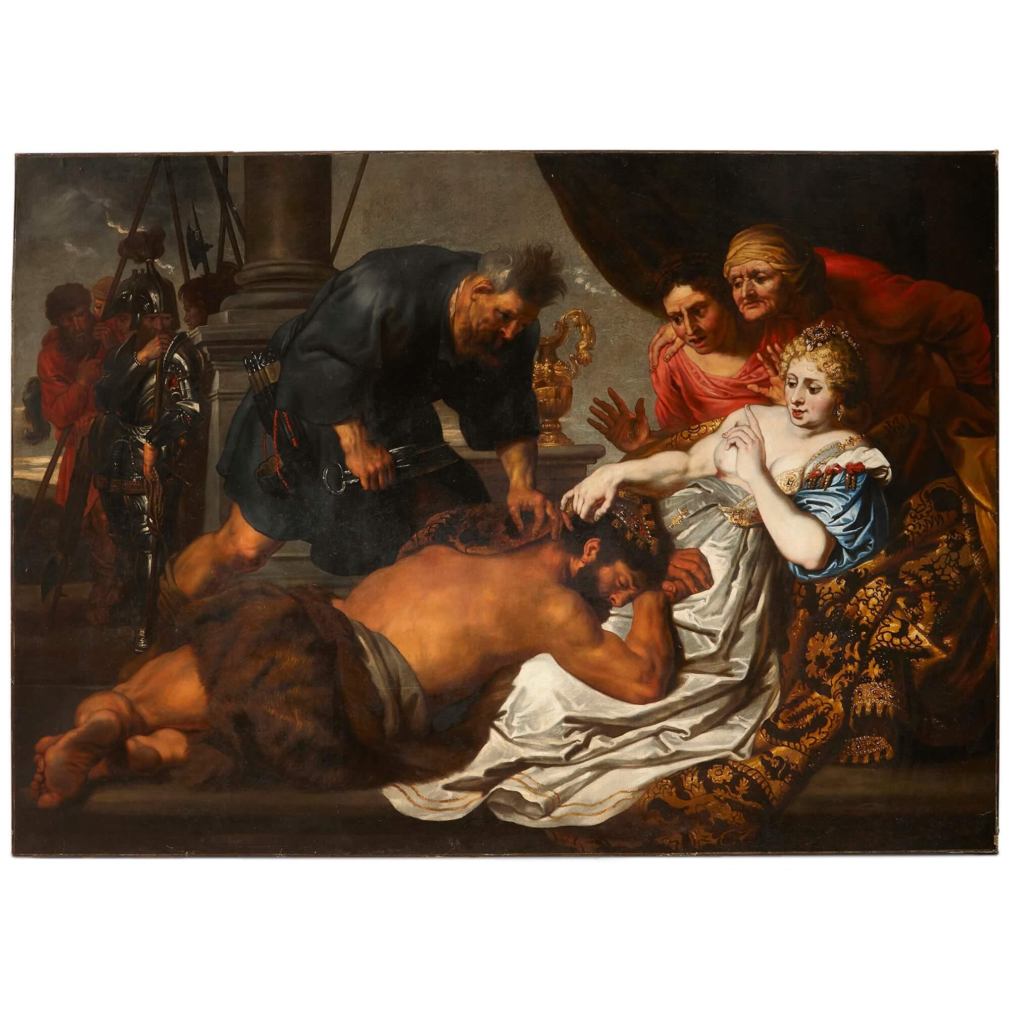 Anthony Van Dyck Figurative Painting - Large Antique Oil Painting of Samson and Delilah after Anthony van Dyck