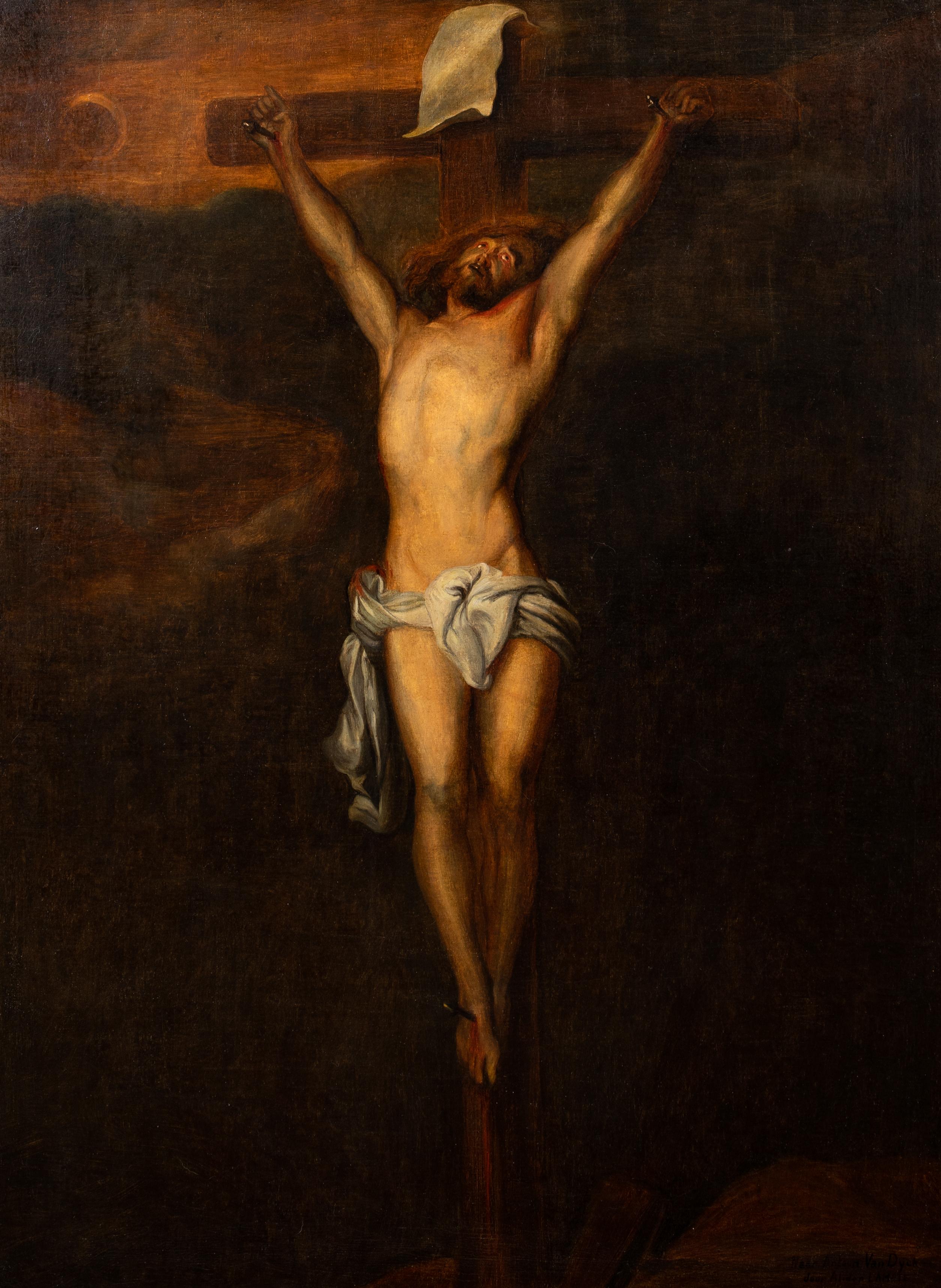 The Crucifixion, 17th Century 

circle of Anthony VAN DYCK (1599-1641)

Huge 17th Century Dutch Old Master depiction of the Crucifixion, oil on canvas. Excellent quality large scale depiction of Christ upon the cross distinctly similar to the works