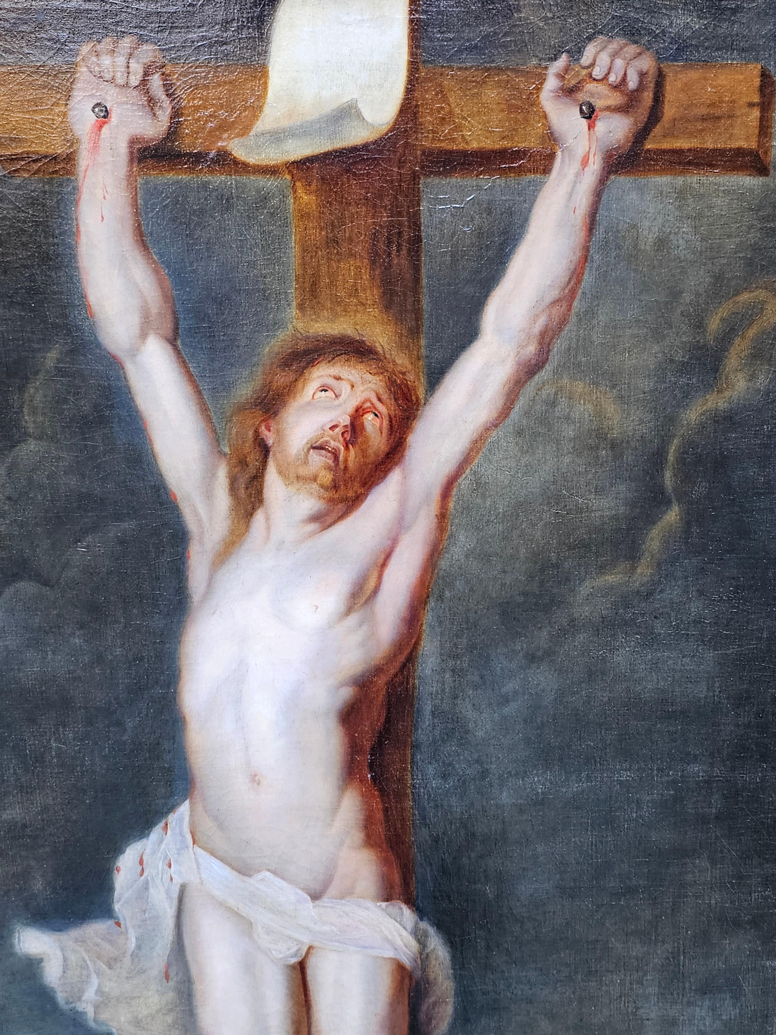 This stunning Old Master oil painting is attributed to a follower of Anthony Van Dyck. Painted in the 18th century it is a superb large religious art work of the crucifixion of Christ, illuminated by moonlight against a dramatic sky with dwelling in