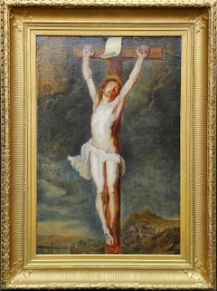 Antique The Crucifixion - Flemish 18th century religious Old Master art oil painting