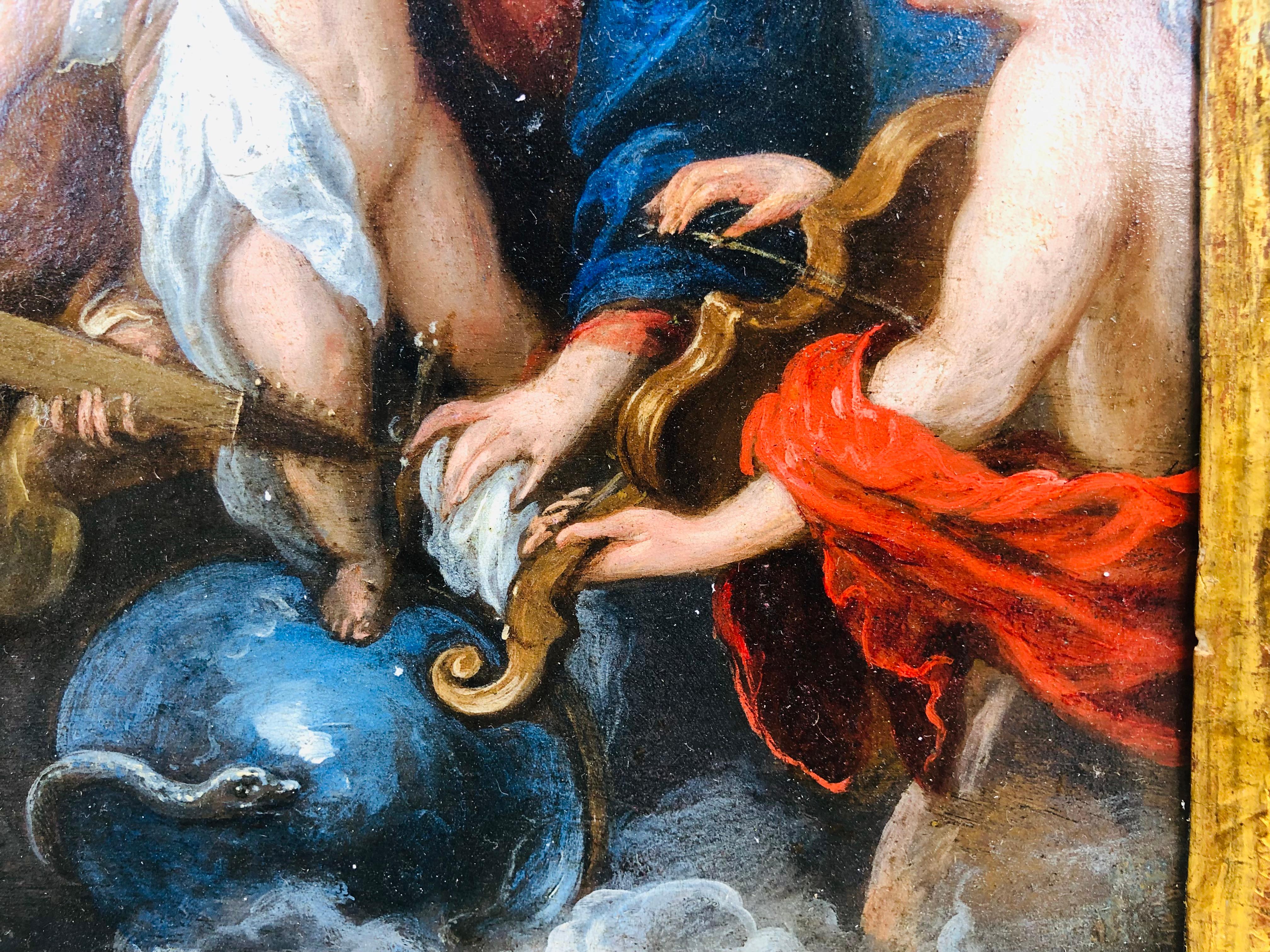 Die Jungfrau mit dem Kind und zwei musizierenden Engeln, nach Van Dyck; in Wolken, die Jungfrau in halber Länge, das Jesuskind auf einem Reichsapfel stützend, blickt nach rechts zu einem Geige spielenden Engel, während sie ihre Hand auf das Kreuz