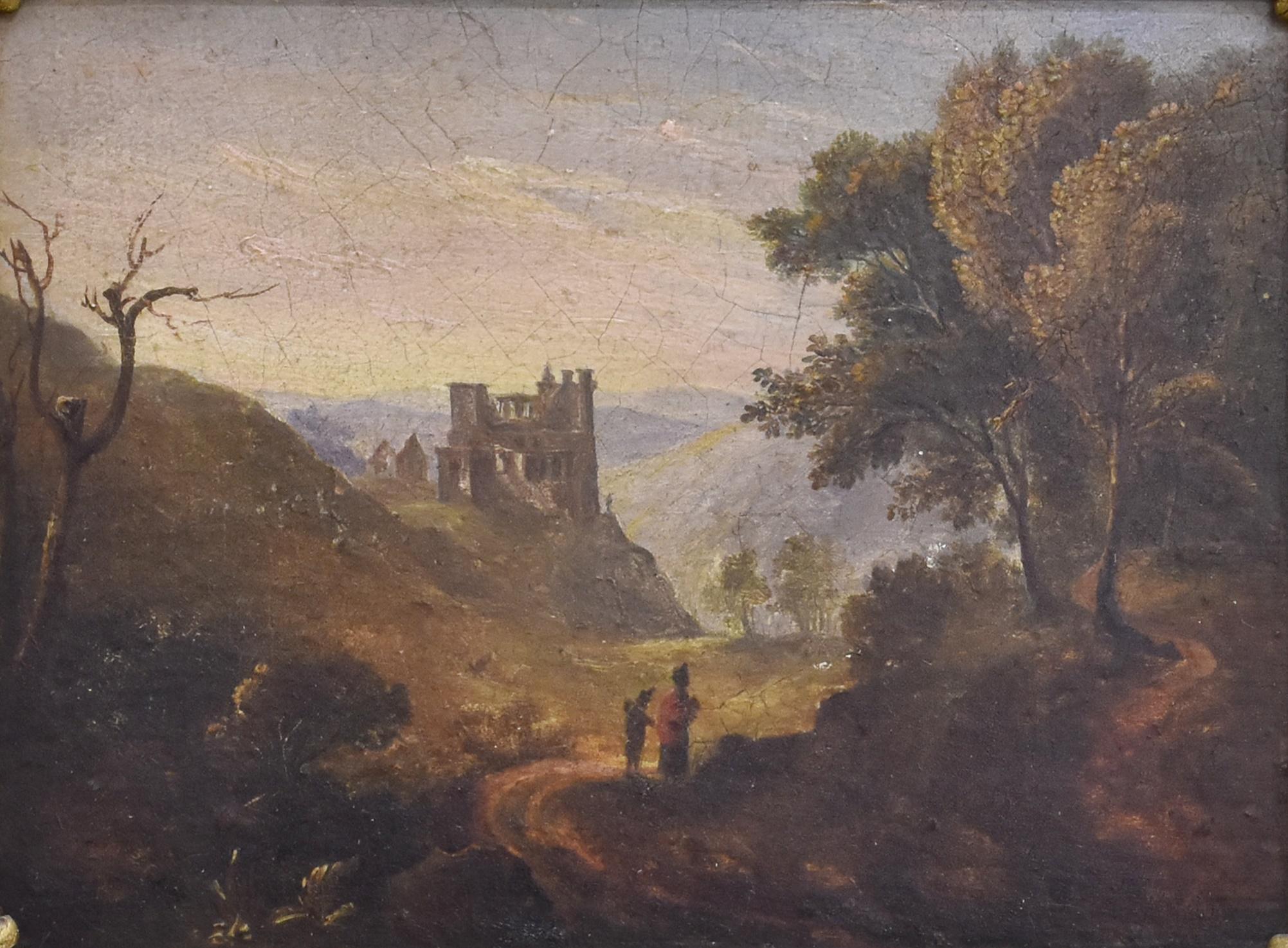 Raffinato dipinto a olio britannico del 1830 Viaggiatori Paesaggio Wood Bestiame Antica Rovina - Painting di Anthony Vandyke Copley Fielding