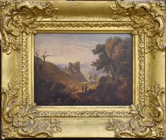 Belle peinture à l'huile britannique des années 1830 - Travellers - Paysage en bois - Bouteille - Ancienne ruine