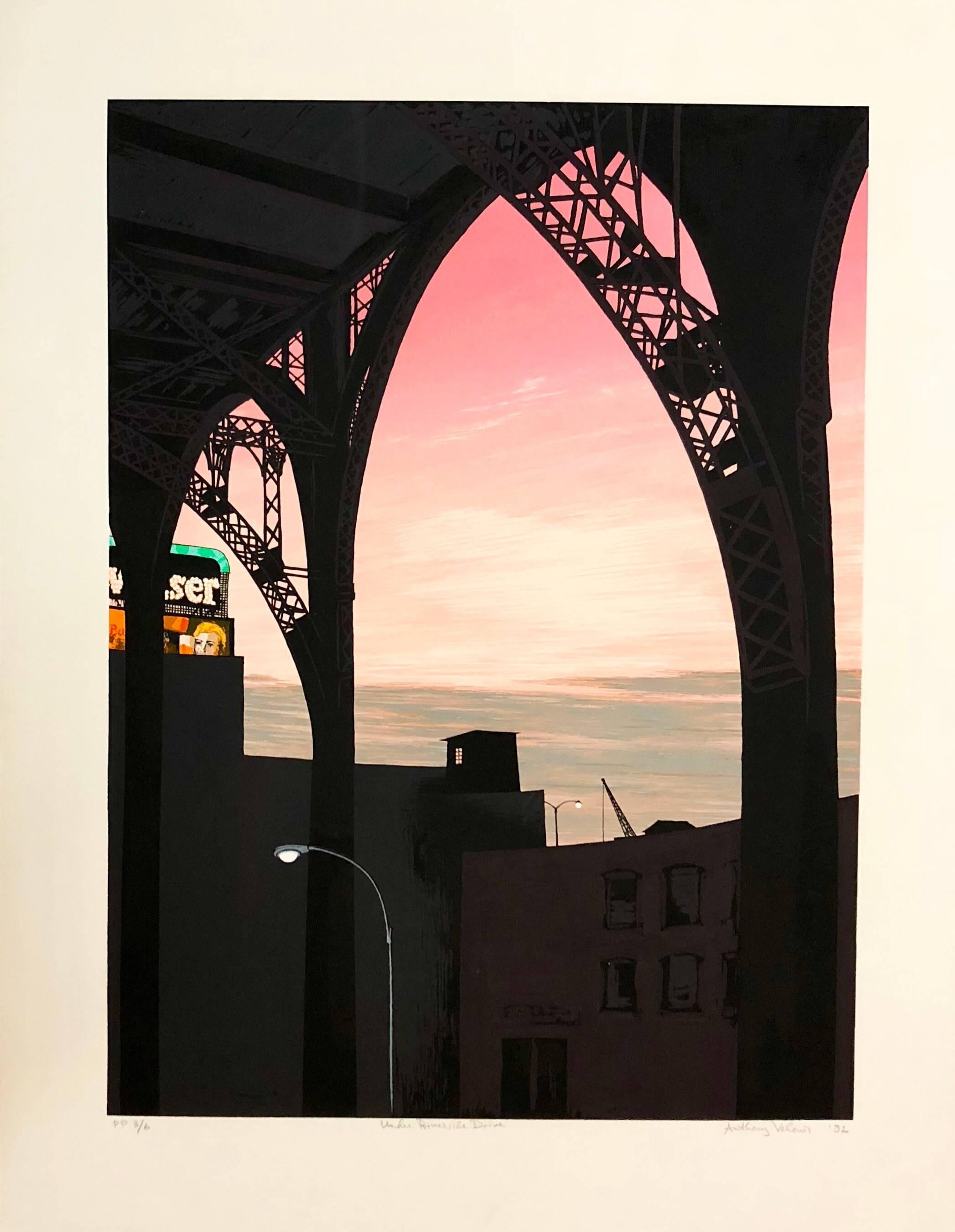 Large Modernist Silkscreen Screenprint 'Under Riverside Drive' NYC WPA Artist - Print by Anthony Velonis