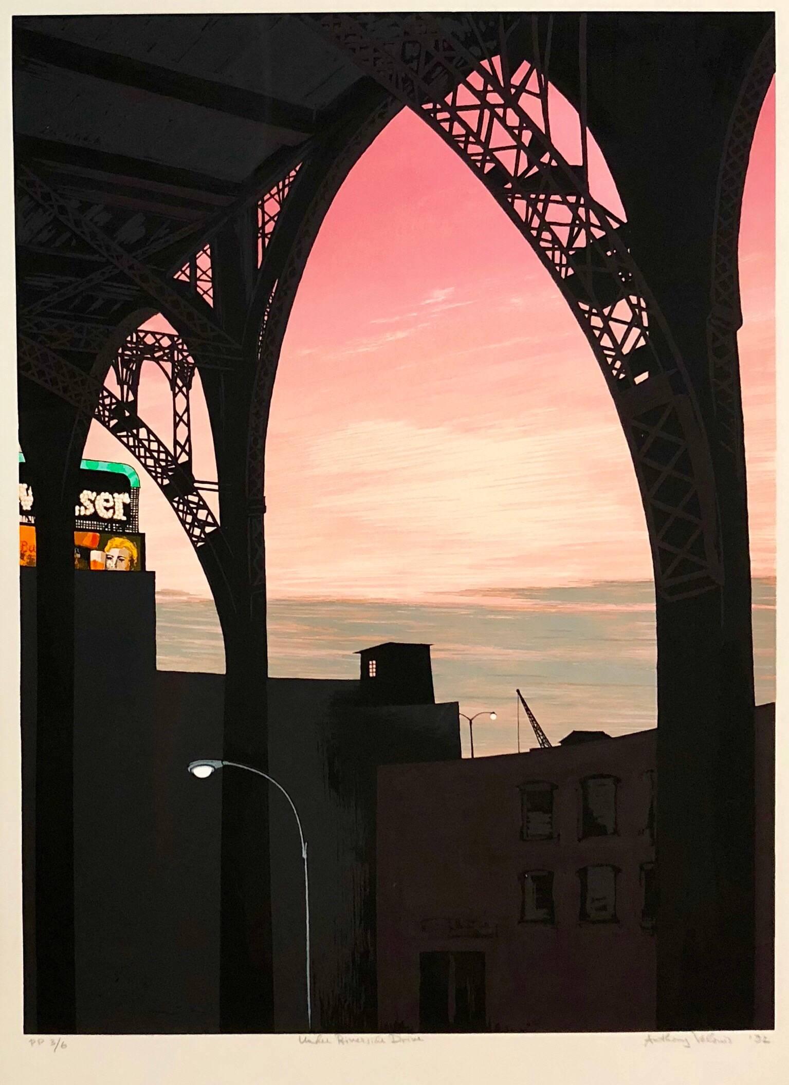 Anthony Velonis Figurative Print - Large Modernist Silkscreen Screenprint 'Under Riverside Drive' NYC WPA Artist