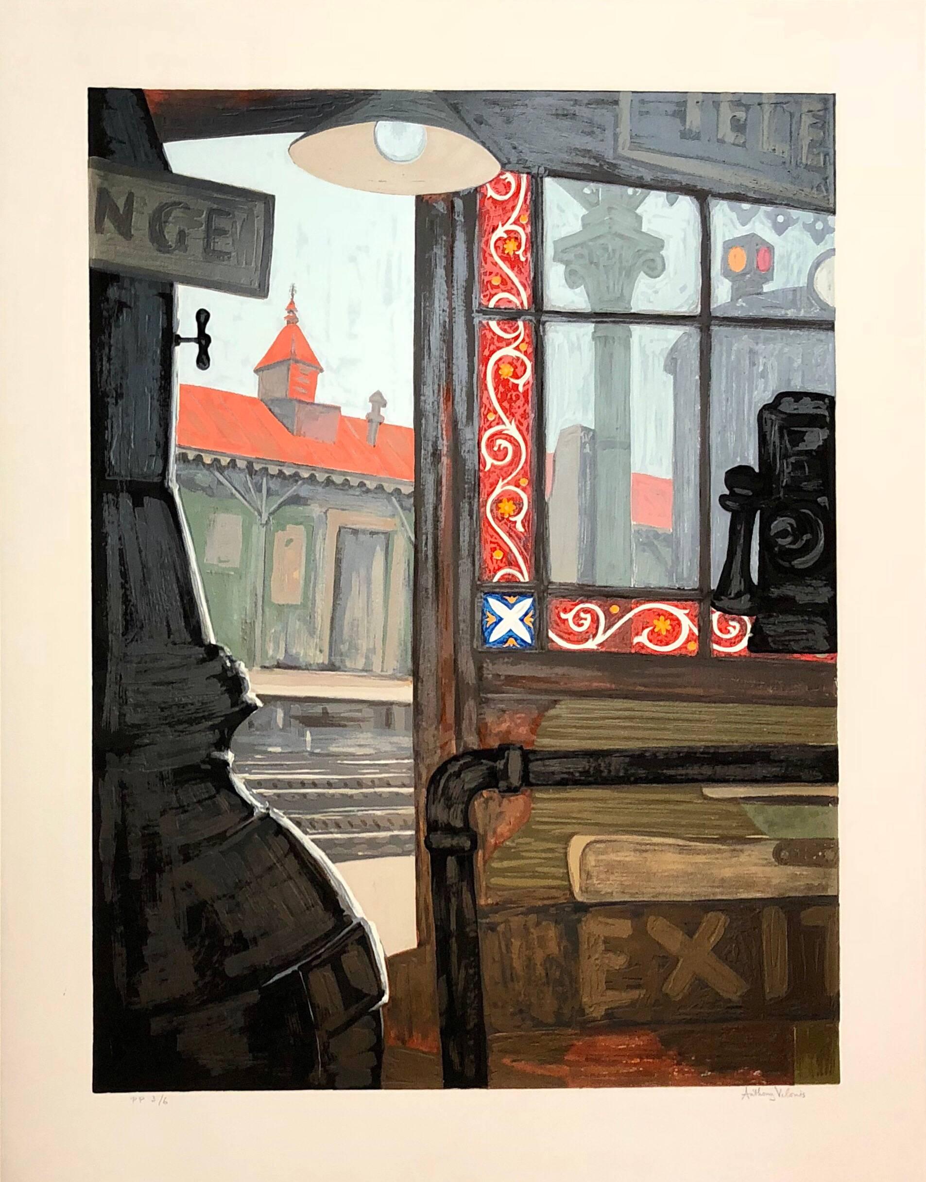 Sérigraphie en soie moderniste « El Station, Interior » (La station de métro de New York), artiste de la WPA - Print de Anthony Velonis