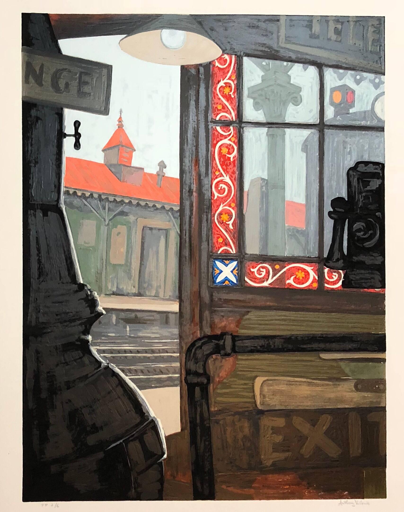 Landscape Print Anthony Velonis - Sérigraphie en soie moderniste « El Station, Interior » (La station de métro de New York), artiste de la WPA