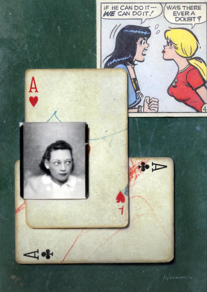 L'opera "Acidulcis" di Anthony Waichulis è una natura morta originale, realizzata a mano, che raffigura la fotografia di una donna, due carte da gioco con asso e un fumetto.

Informazioni sull'artista:
Anthony Waichulis (nato nel 1972) è un pittore