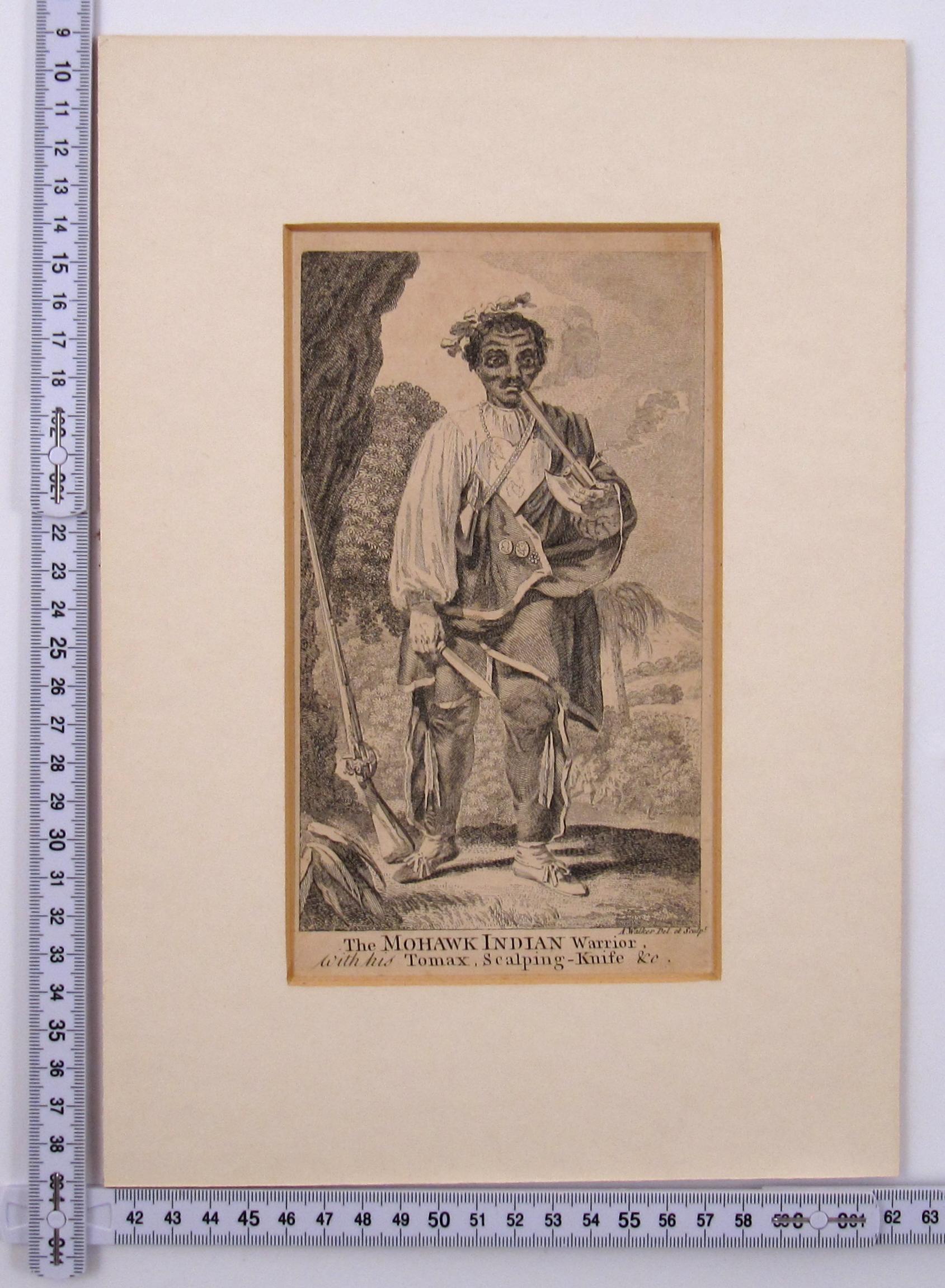 Anthony Walker
(British, 1726–1765)

The Mowhawk Indian Warrior with his Tomax, scalping Knive &c.

•	Mid 18th Century copper plate engraving on laid paper
•	Sheet, ca. 20.7 x 12.7 cm
•	Presented in a later, vintage/somewhat tired simple mount, ca.