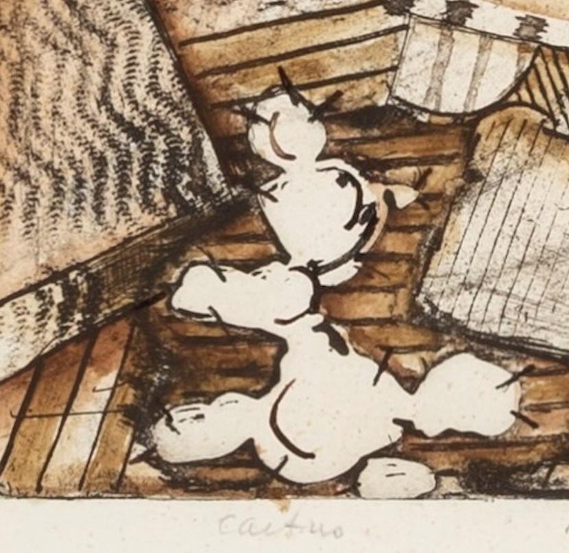 Kaktus - Zeitgenössischer abstrakter Druck in Braun und Weiß mit Handkolorierung im Angebot 3