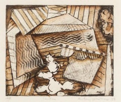 Kaktus - Zeitgenössischer abstrakter Druck in Braun und Weiß mit Handkolorierung