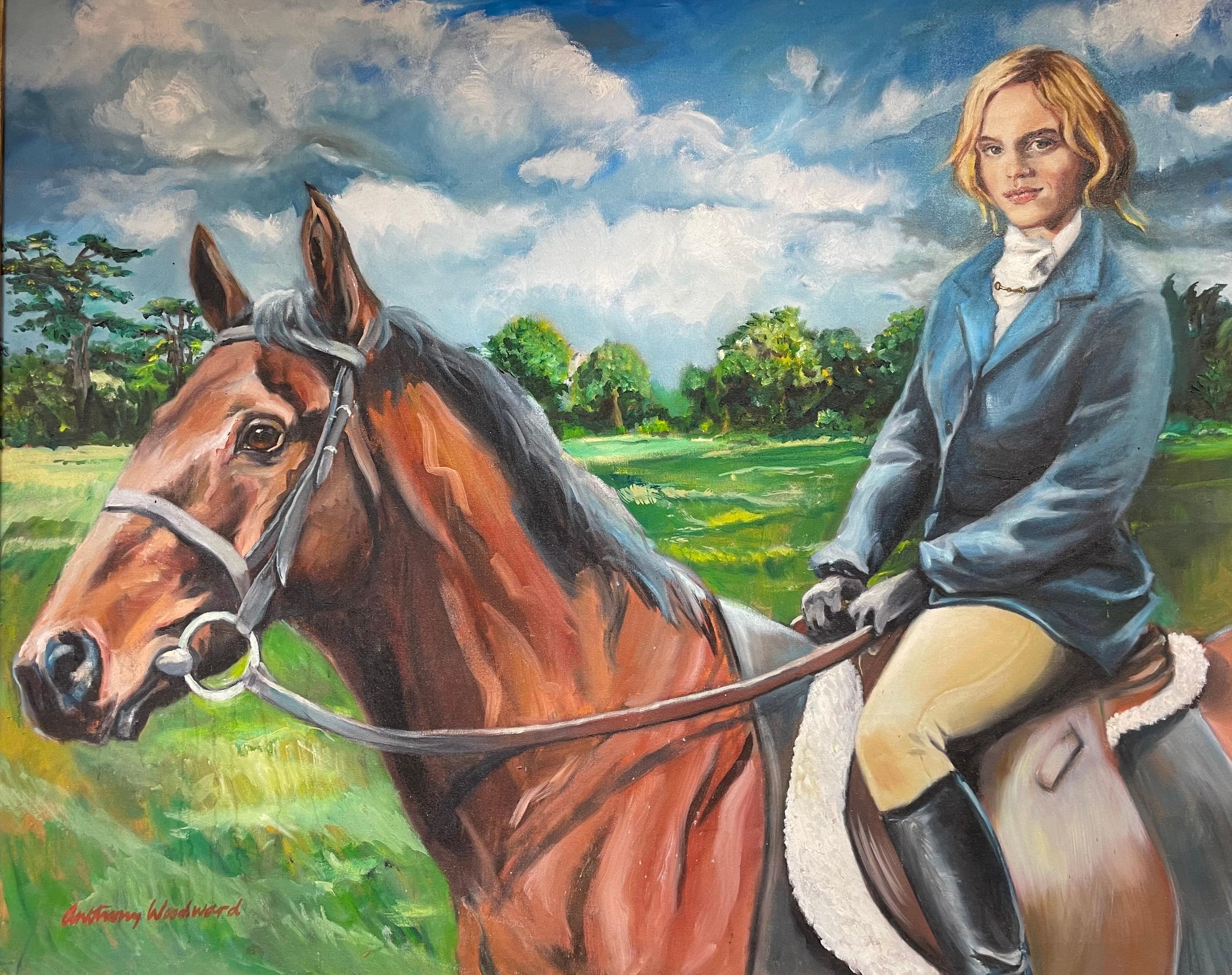 Grand portrait équestre moderne britannique à l'huile - Jeune cavalier à cheval à cheval