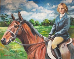 Huge British Modern Oil Young Rider on Horseback Fine Equestrian Portrait