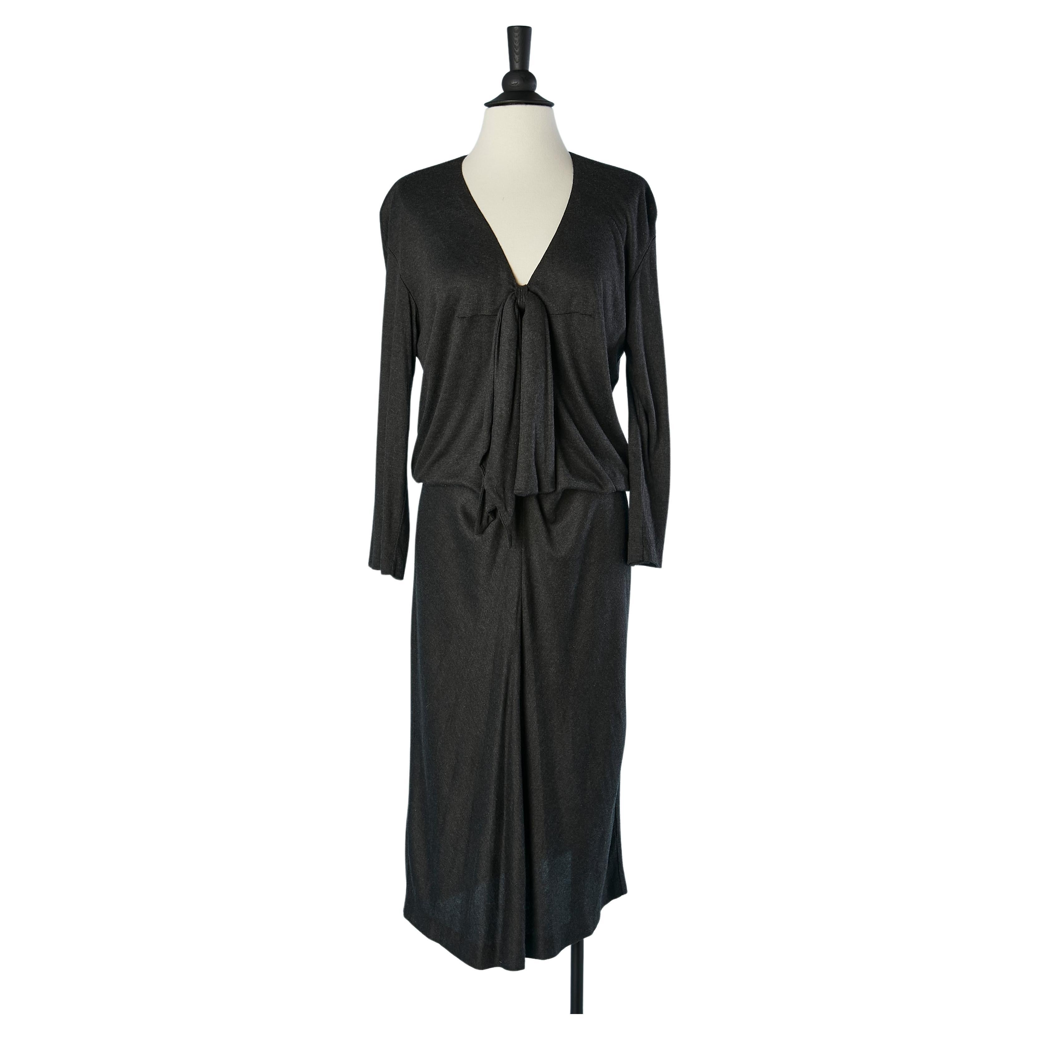 Anthracite drape jersey dress with bow in the middle front Yves Saint Laurent  For Sale