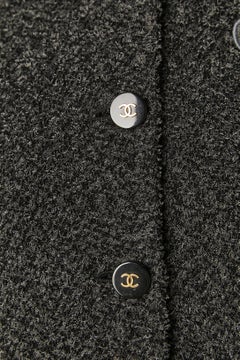 Anthracite grey Tweed single breasted jacket with fabric flower brooch CHANEL