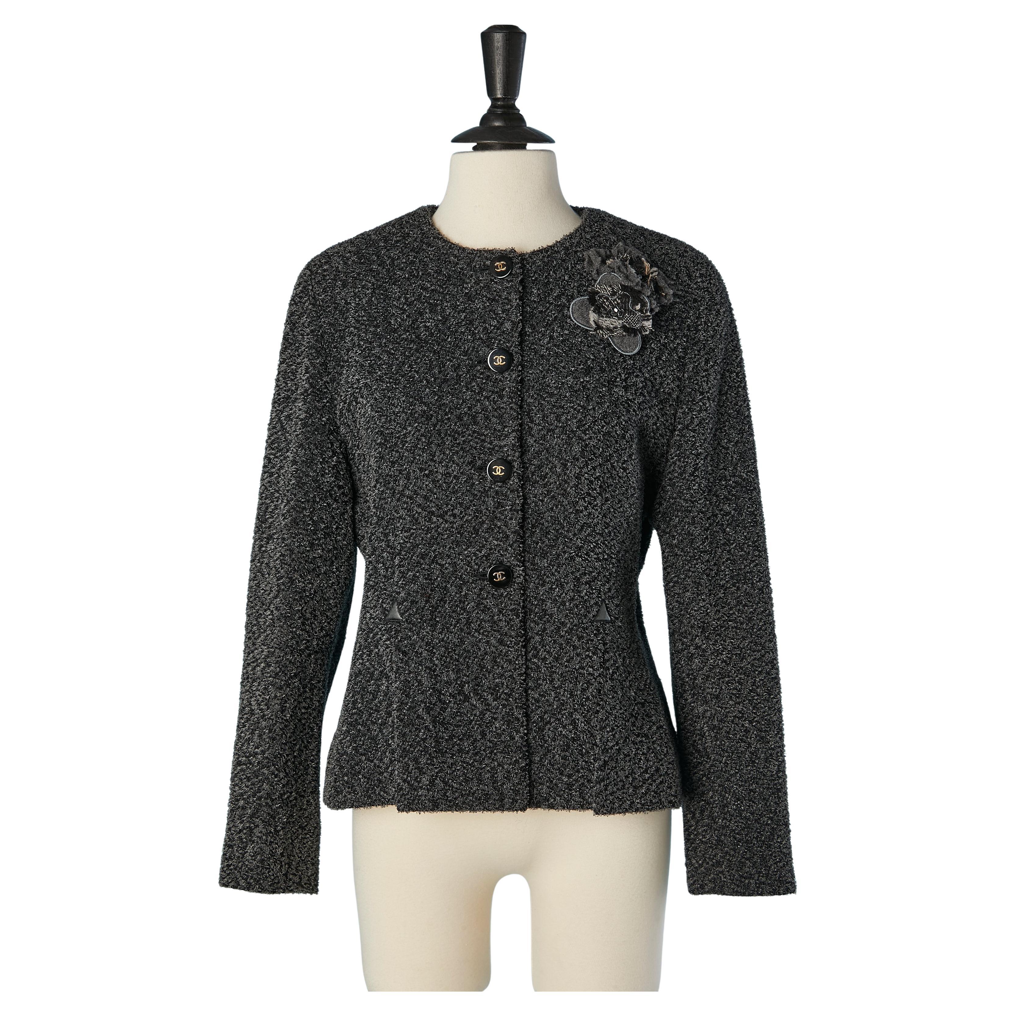 Anthracite grey Tweed single breasted jacket with fabric flower brooch CHANEL