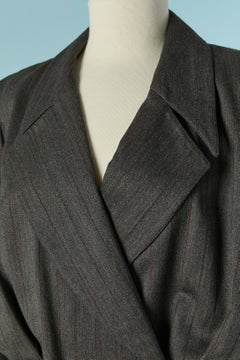Anthracite grey wrap wool dress with thin stripes THIERRY MUGLER
