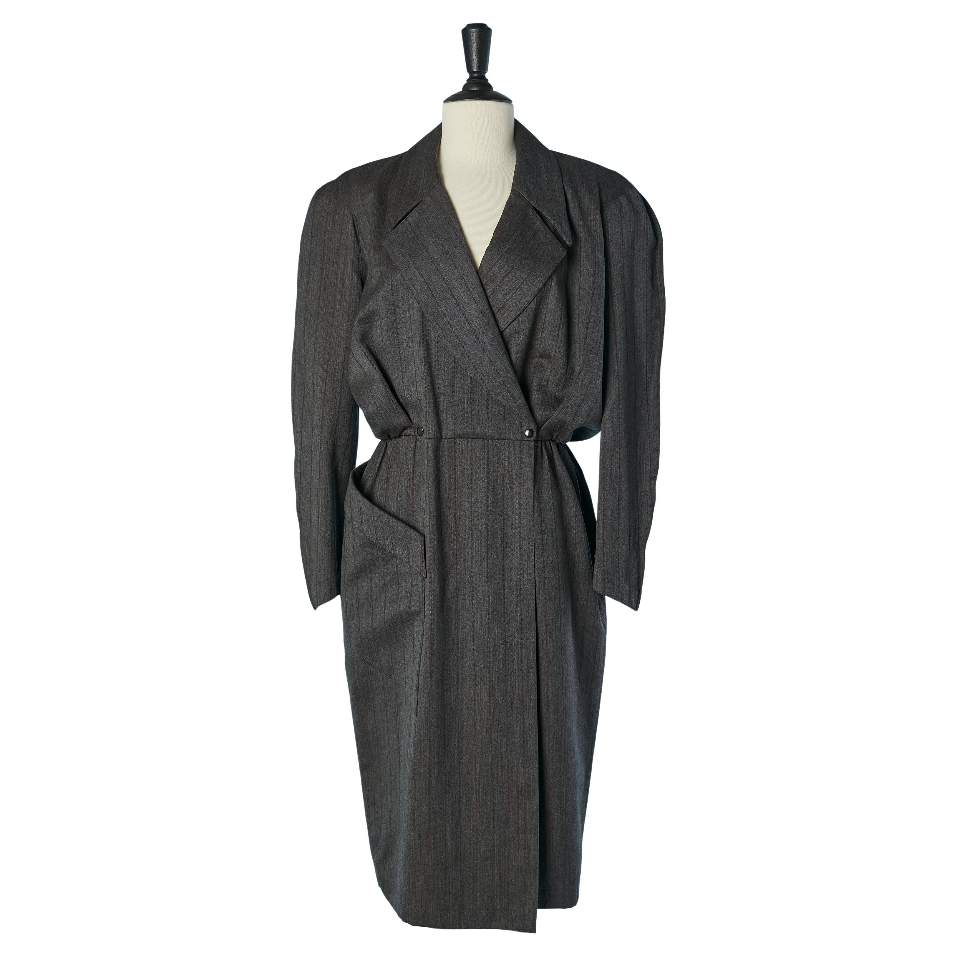 Anthracite grey wrap wool dress with thin stripes THIERRY MUGLER