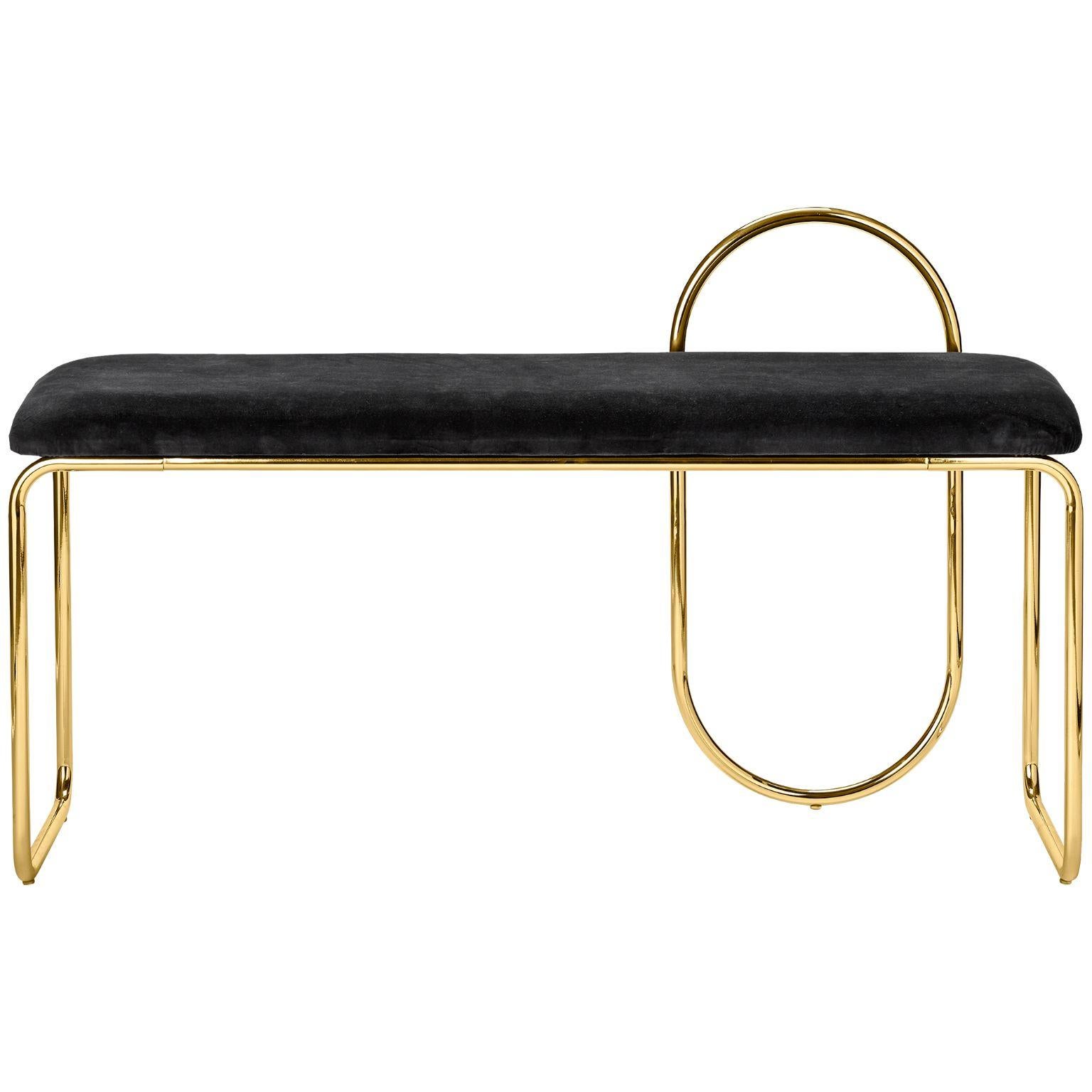 Anthracite velvet and gold Minimalist bench 
Dimensions: L 110 x W 39 x H 68 cm
Materials: Cotton velvet, steel

The collection includes benches, chairs, shelves and mirrors in a wide variety of sizes.