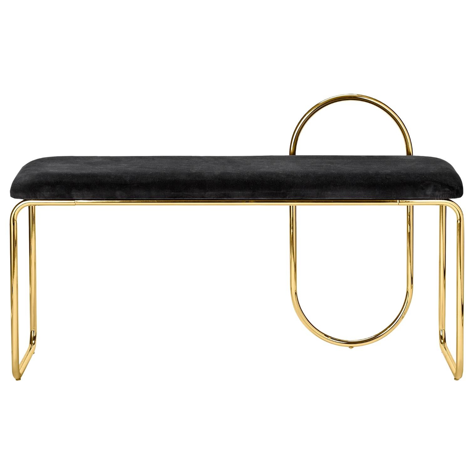 Anthracite Velvet and Gold Minimalist Bench For Sale