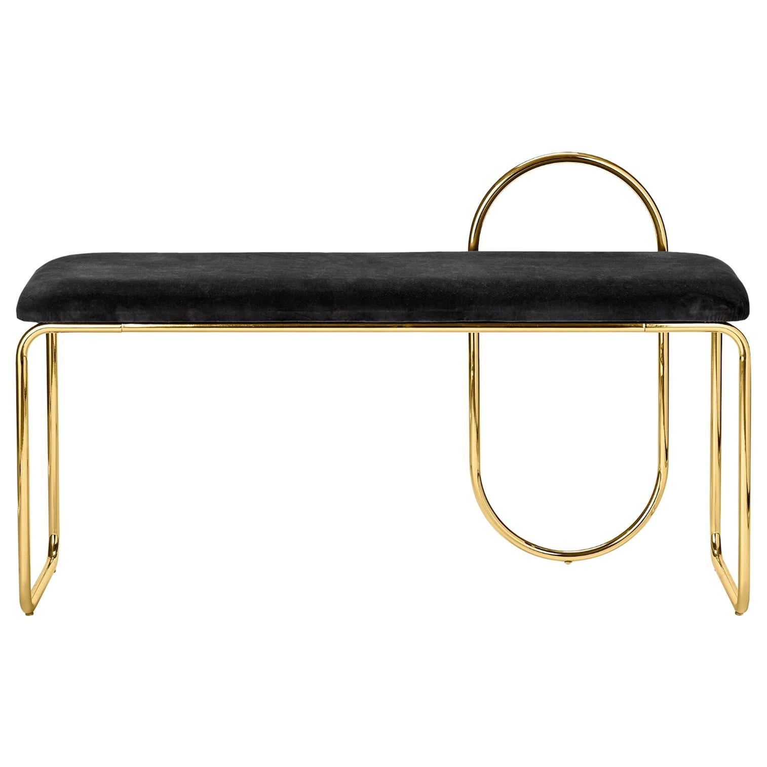 Anthracite Velvet and Gold Minimalist Bench