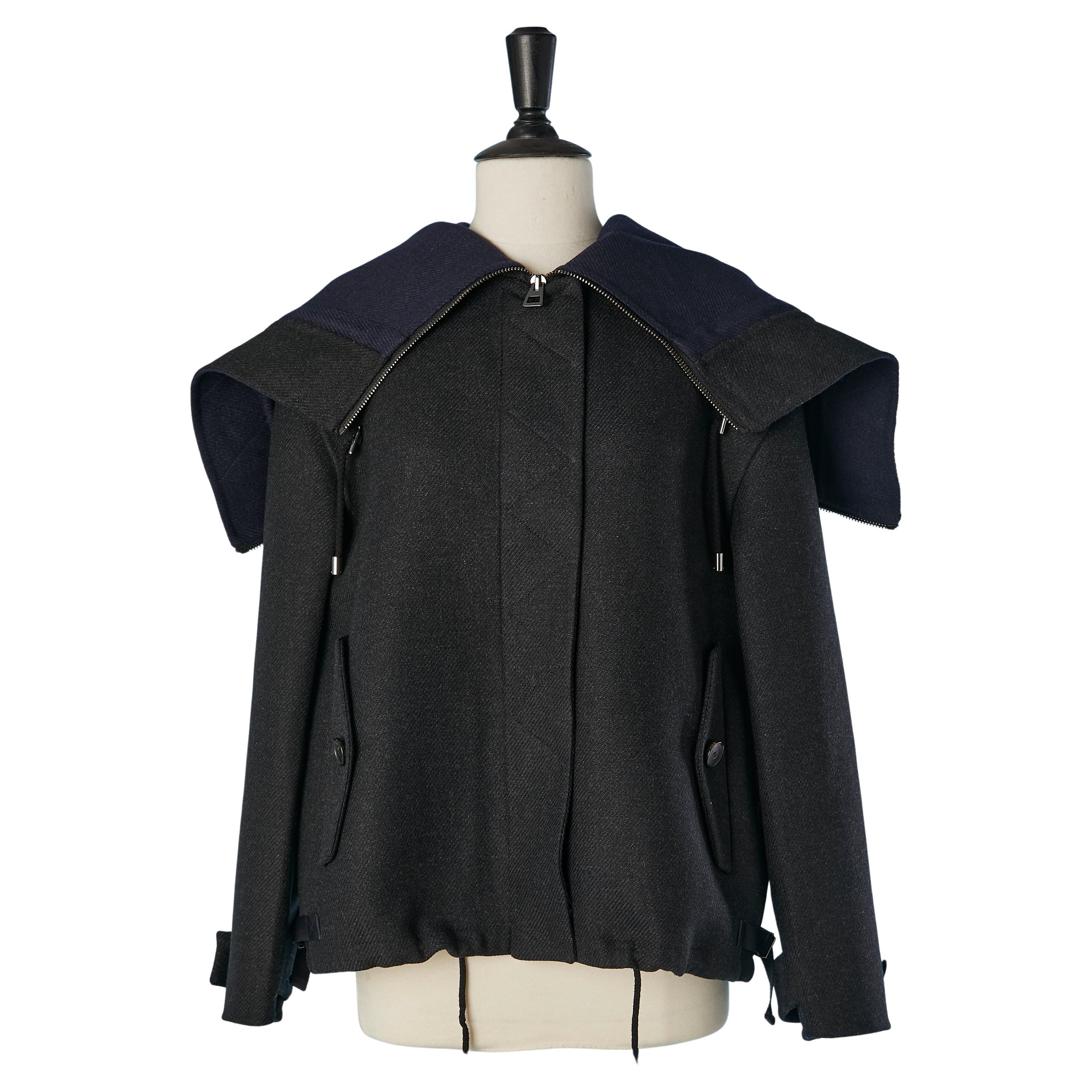 Giacca double-face in lana antracite con cappuccio con zip CHRISTIAN DIOR