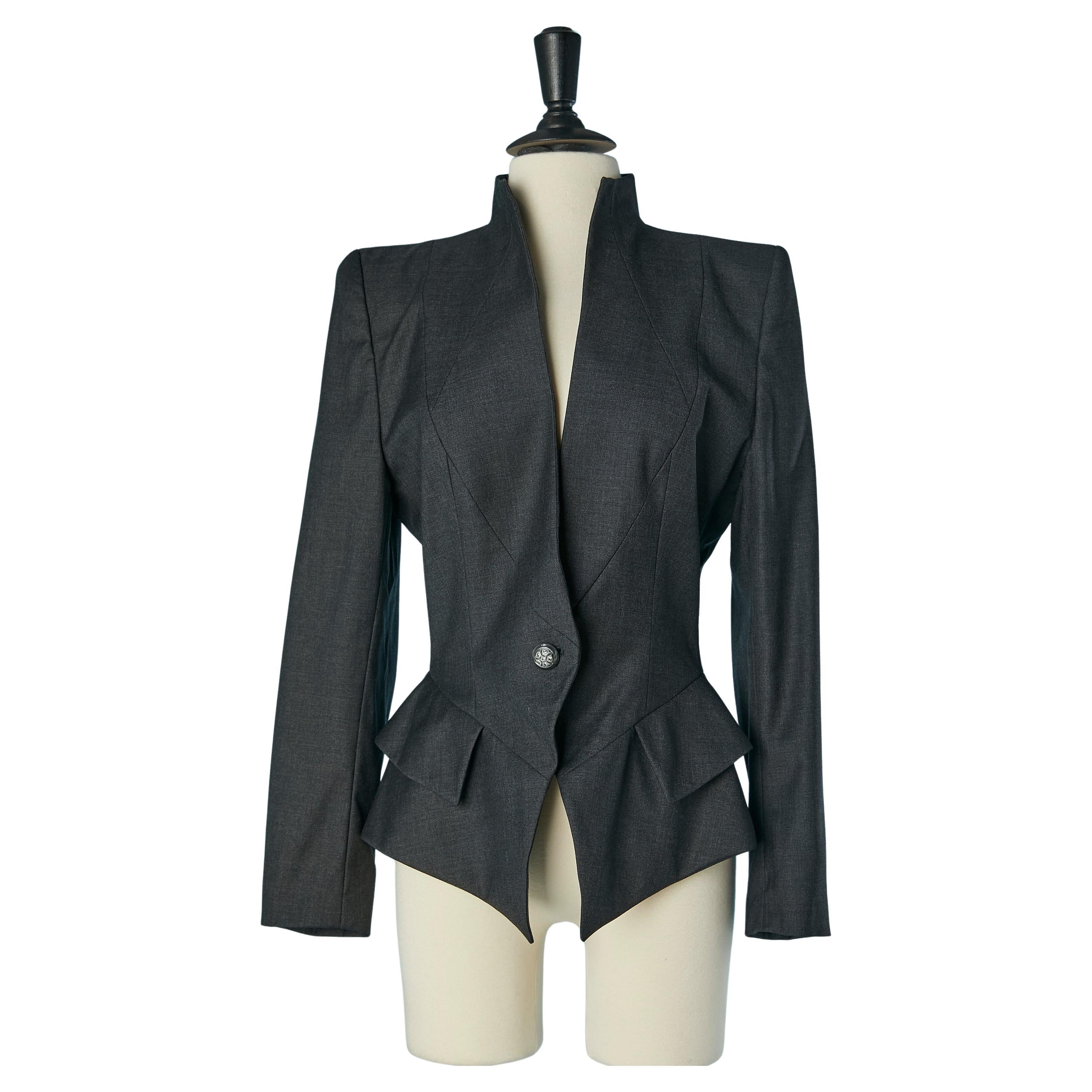 Giacca in lana antracite con baschina e bottone gioiello Givenchy Couture in vendita