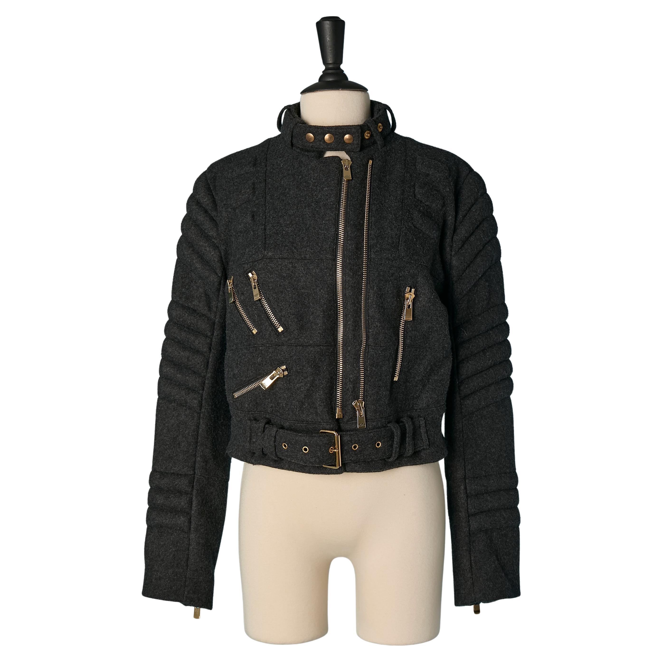 Anthracite wool padded biker jacket ALEXANDRE VAUTHIER New