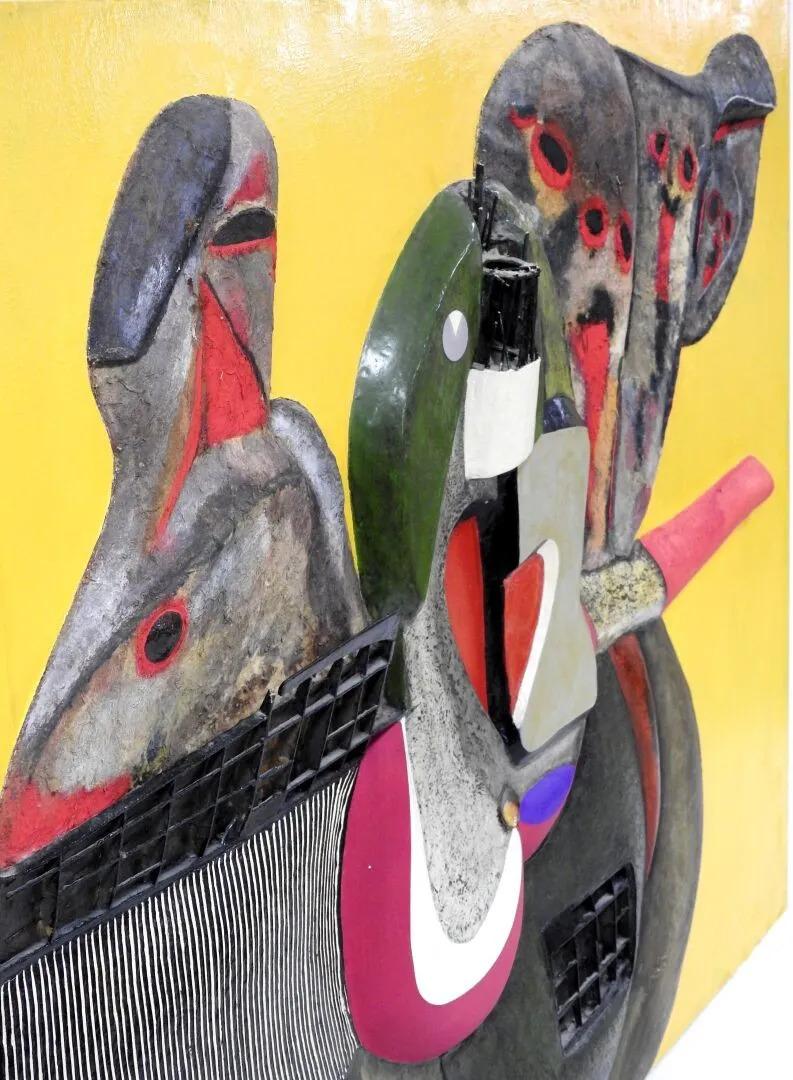 Mid-Century Modern Anthropomorphic Composition, Mixed Technique on Lacquered Wood Panel, circa 1970 For Sale