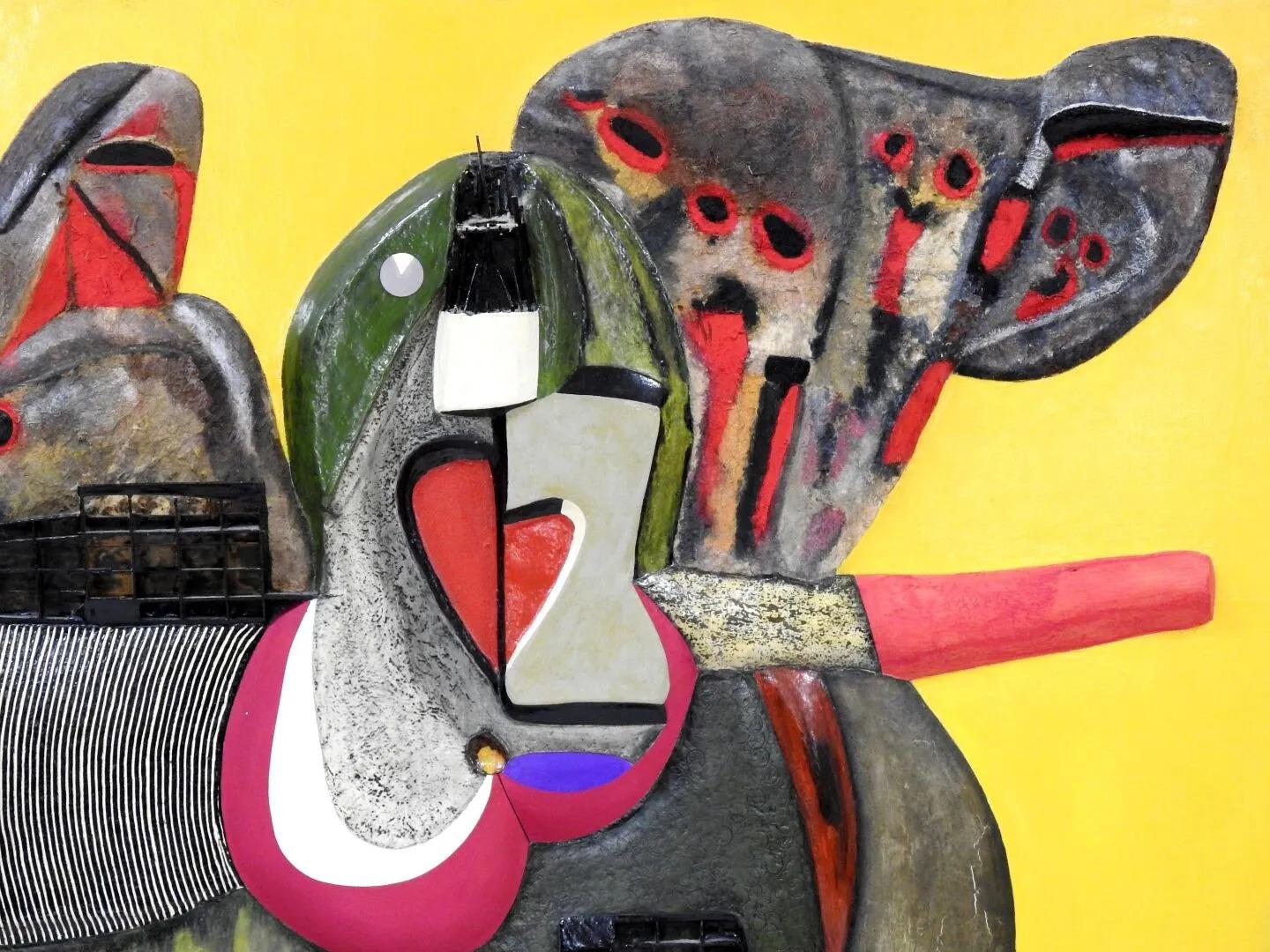 European Anthropomorphic Composition, Mixed Technique on Lacquered Wood Panel, circa 1970 For Sale