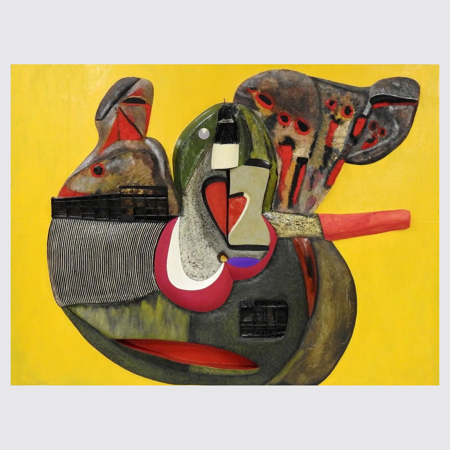 Anthropomorphic Composition, Mixed Technique on Lacquered Wood Panel, circa 1970 For Sale