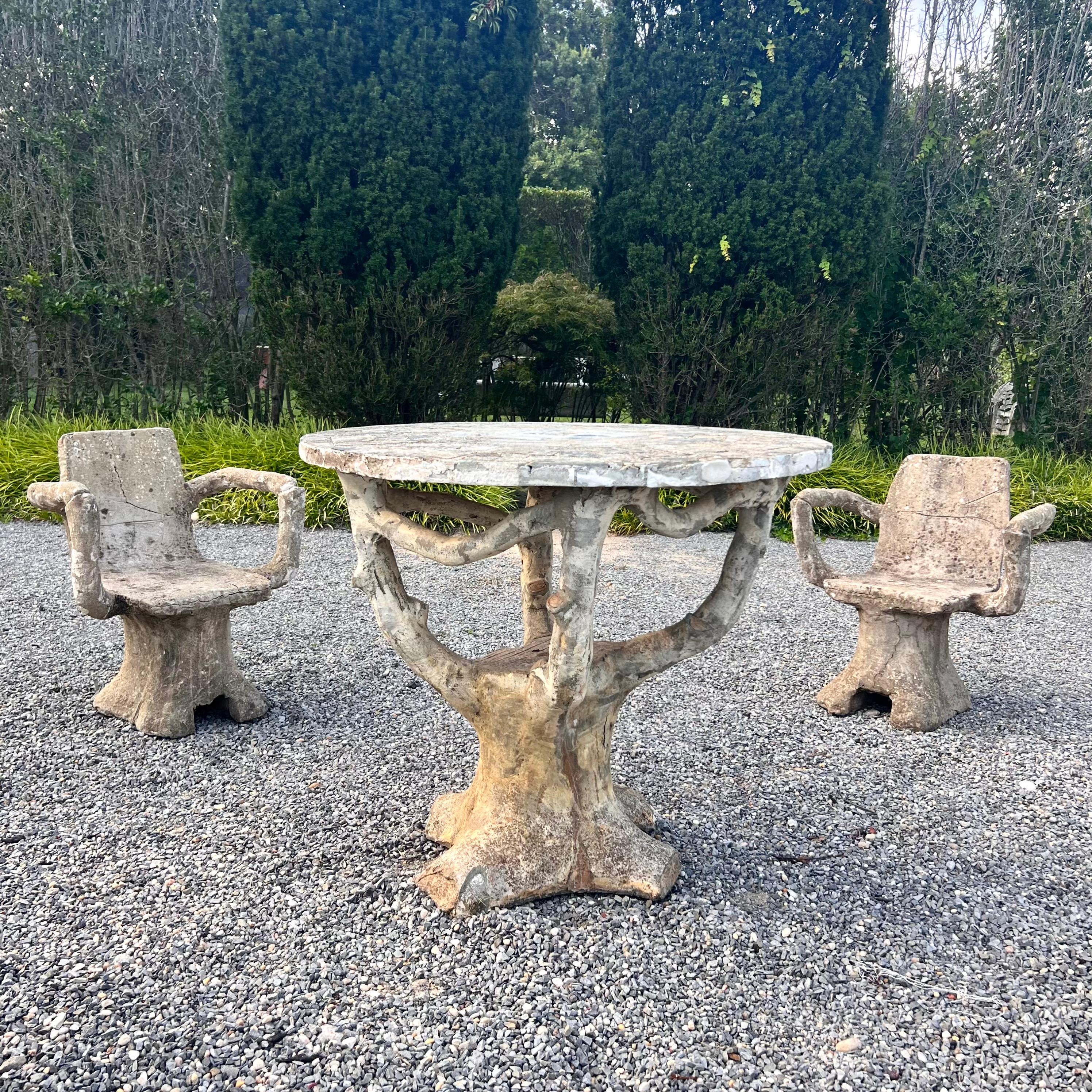 Mid-20th Century Anthropomorphic Faux Bois Concrete Table and 4 Chairs, 1950s France