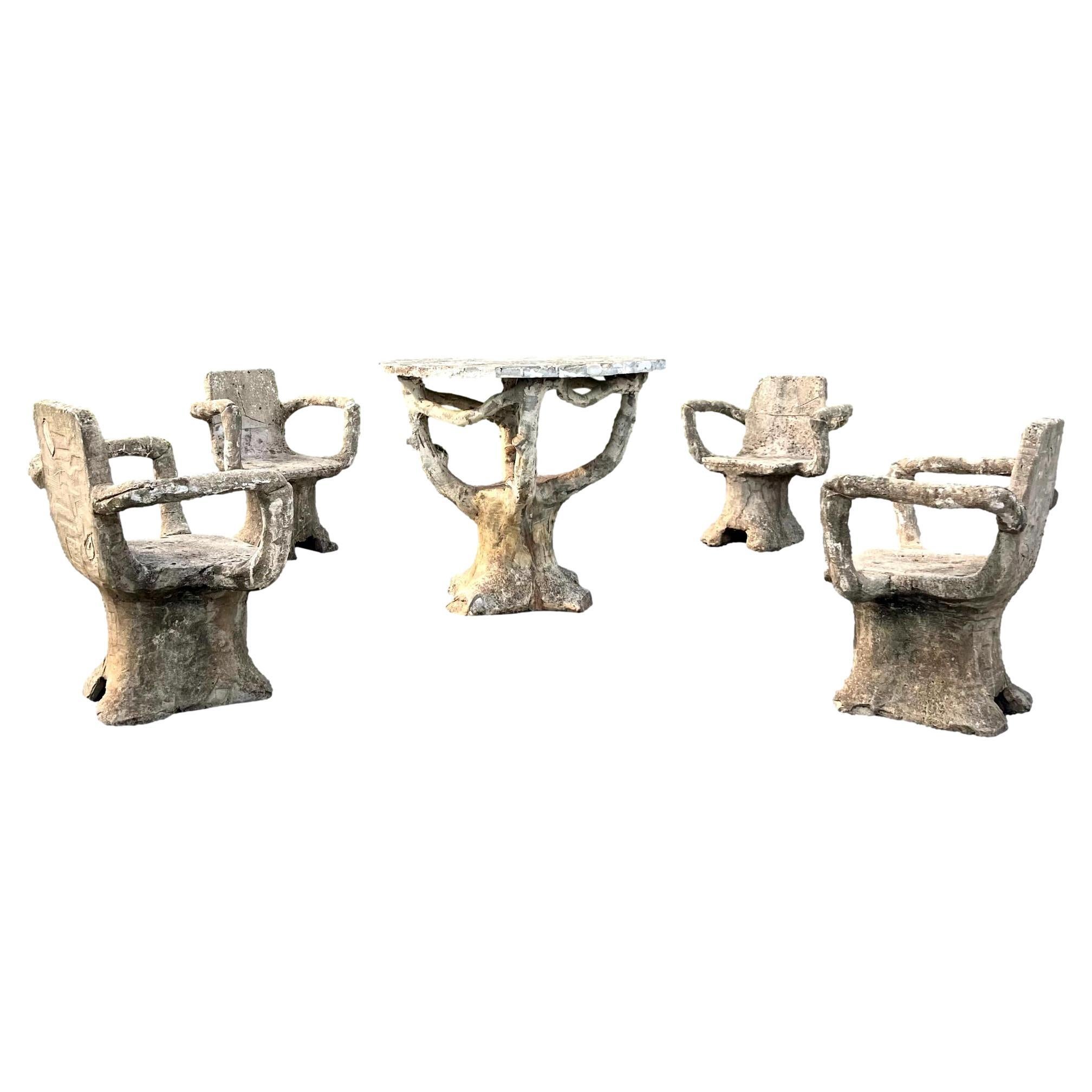 Anthropomorphic Faux Bois Concrete Table and 4 Chairs, 1950s France For Sale