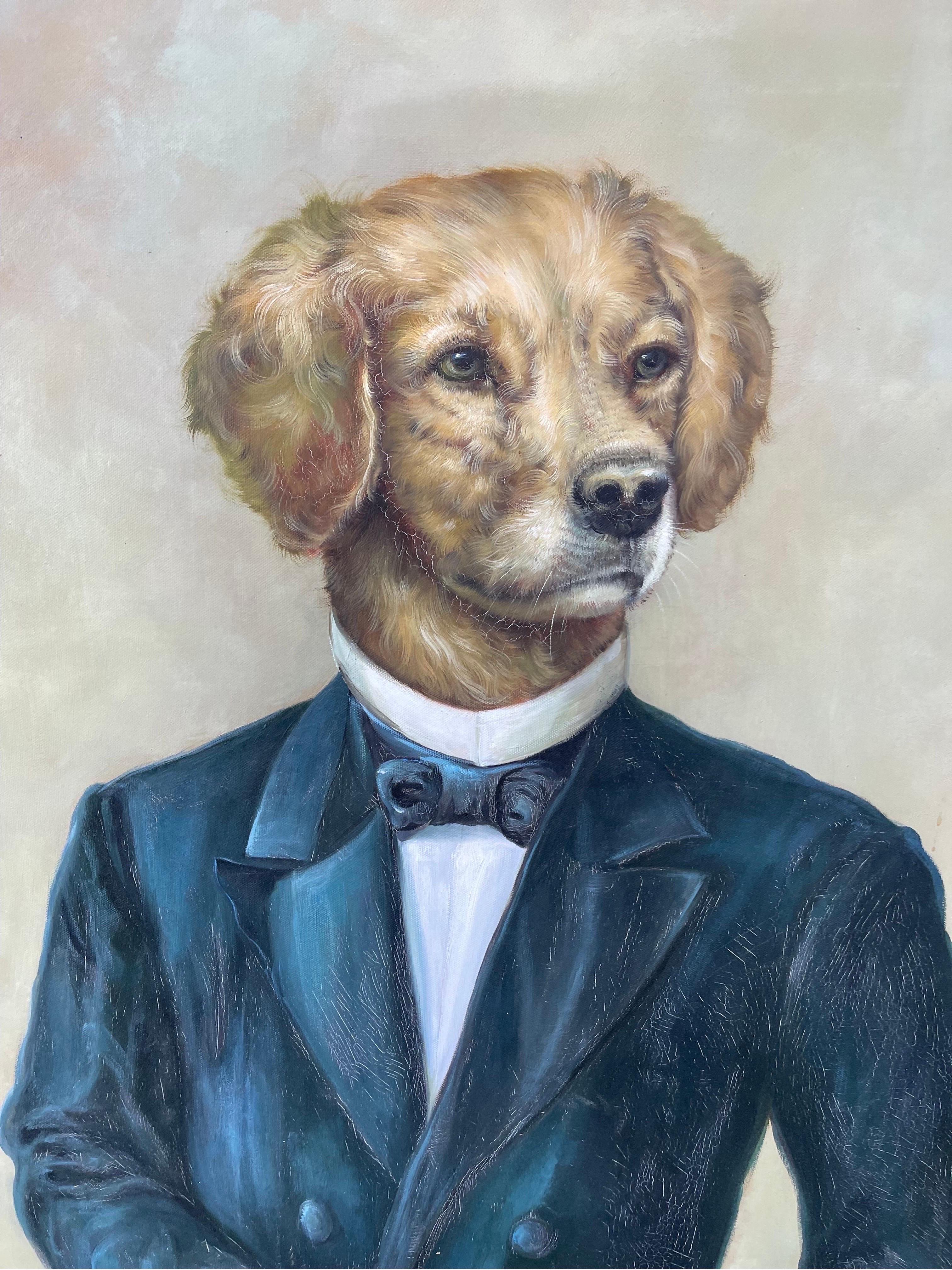 Charming painting of an anthropomorphic golden retriever dressed in all his fineries. Gold gilt frame.
