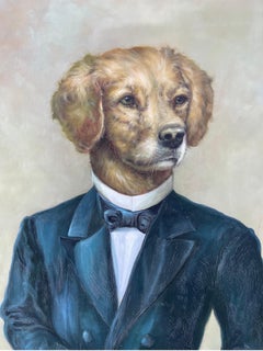 Anthropomorphic Golden Retriever Dog in Tuxedo, Acrylic on Canvas Painting