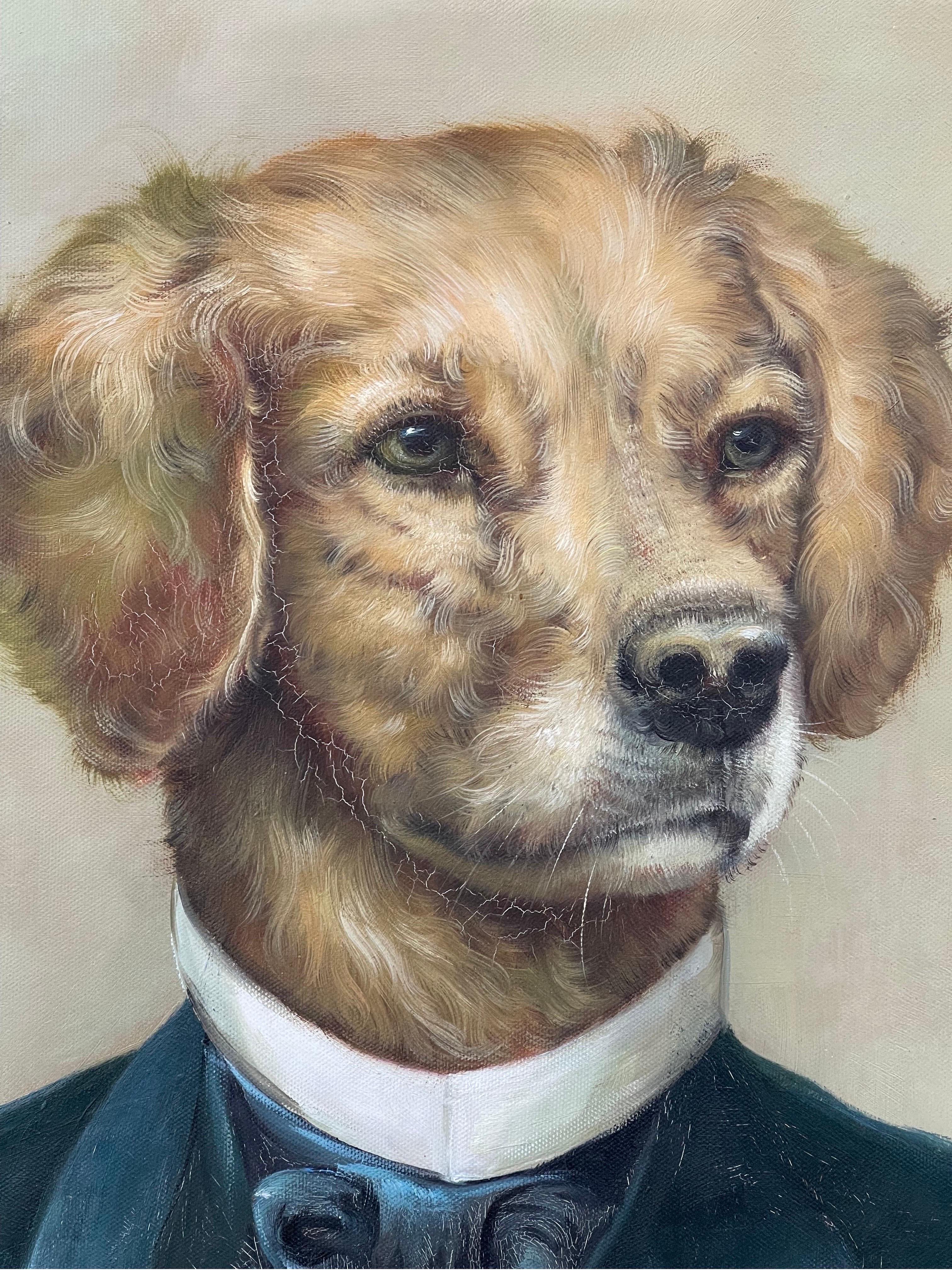 Anthropomorphic Golden Retriever Dog in Tuxedo, Acrylic on Canvas Painting 1